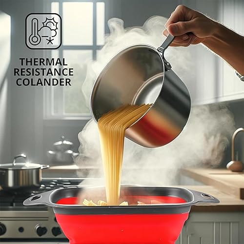 Miniatura 6 de Colador cuadrado plegable con asas, coladores de cocina de silicona cuadrados rojos con asas de plástico, colador de cocina plegable perfecto para