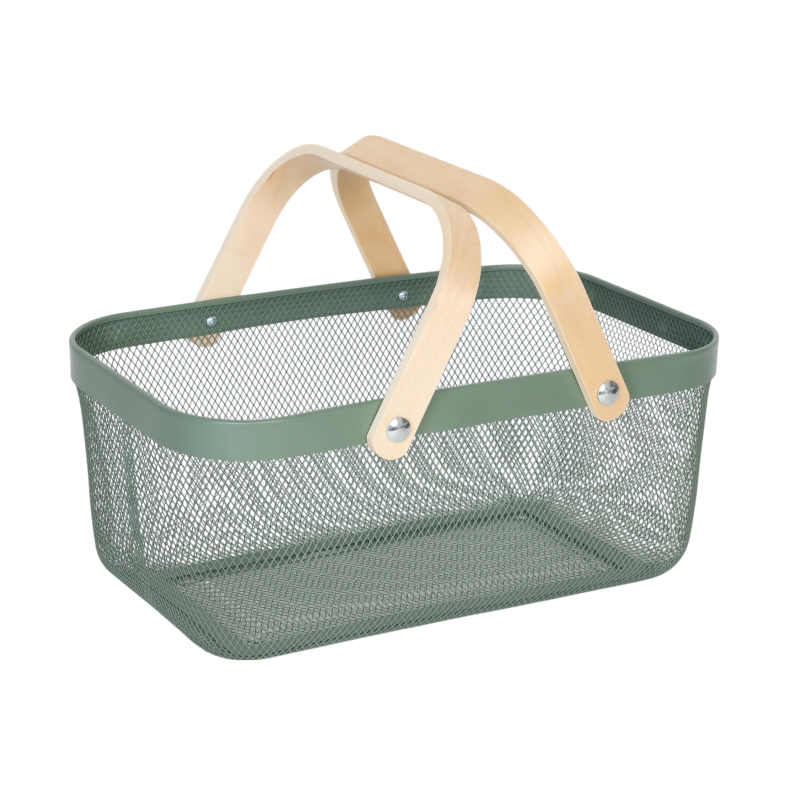 Relaxdays Wire Storage Basket with Handles, Square Metal & Wood, for Utensils, 17.5 x 43 x 27 cm