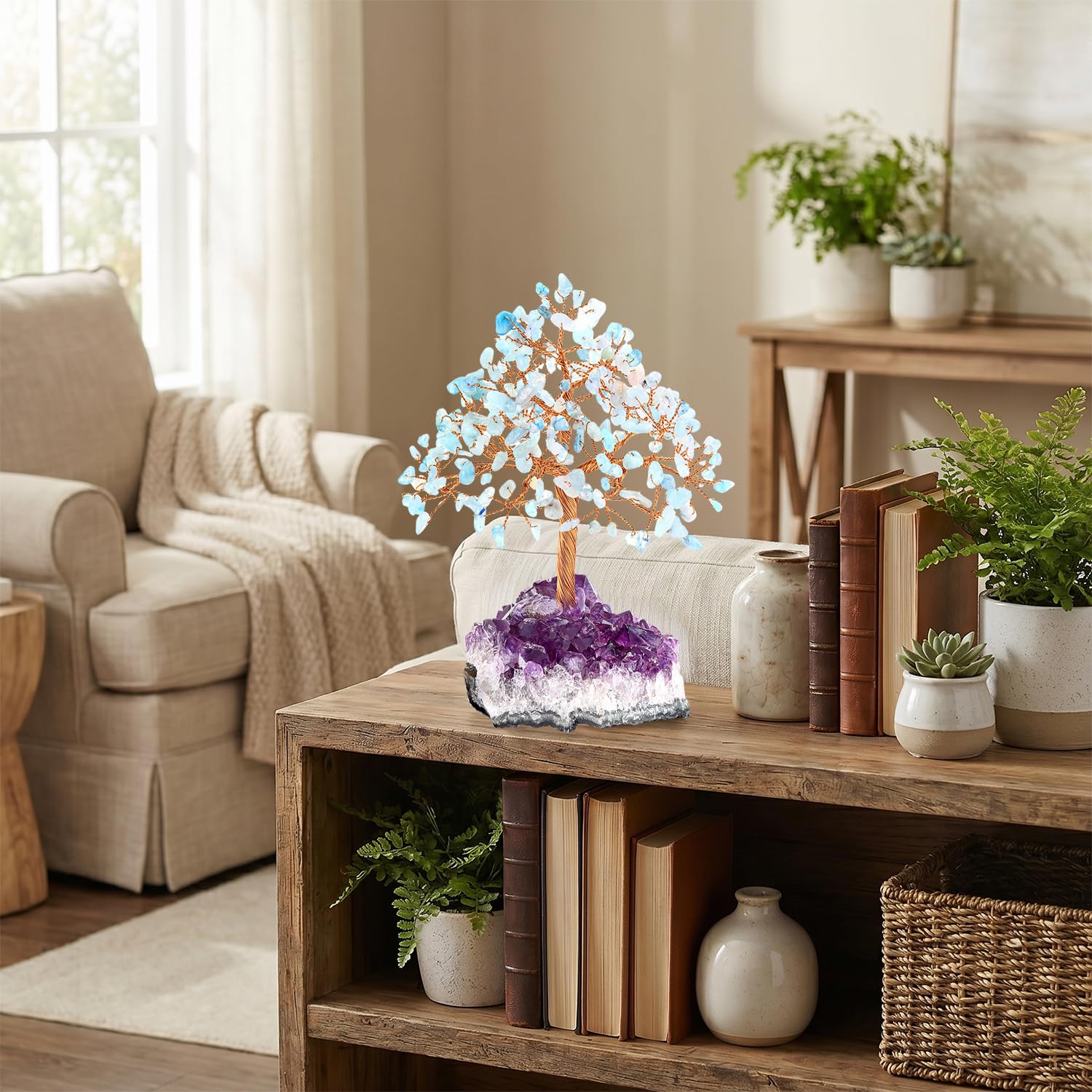 Arbre de Vie en Cristal d'Améthyste, Décoration Zen de Bureau, Art Énergétique, Accessoire Spirituel, Pierre Naturelle Violette (Aigue-Marine)