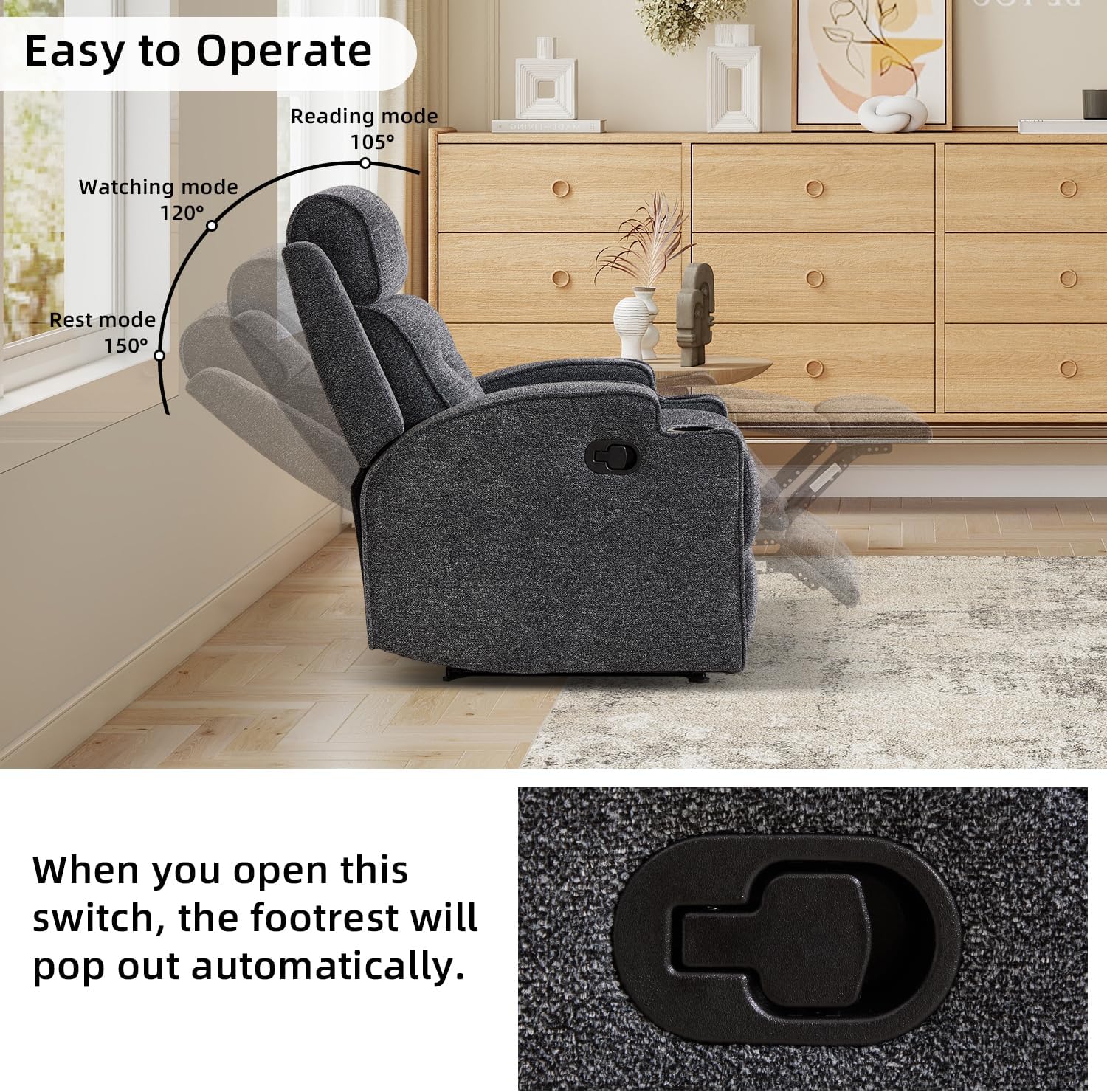 CAMMOV Manual Recliner Chair, Single Sofa Recliners with Overstuffed Back, Manual Fabric Recliner with 2 Cup Holders, Single Reclining Sofa Recliner for Living Room Theater Seating,Grey