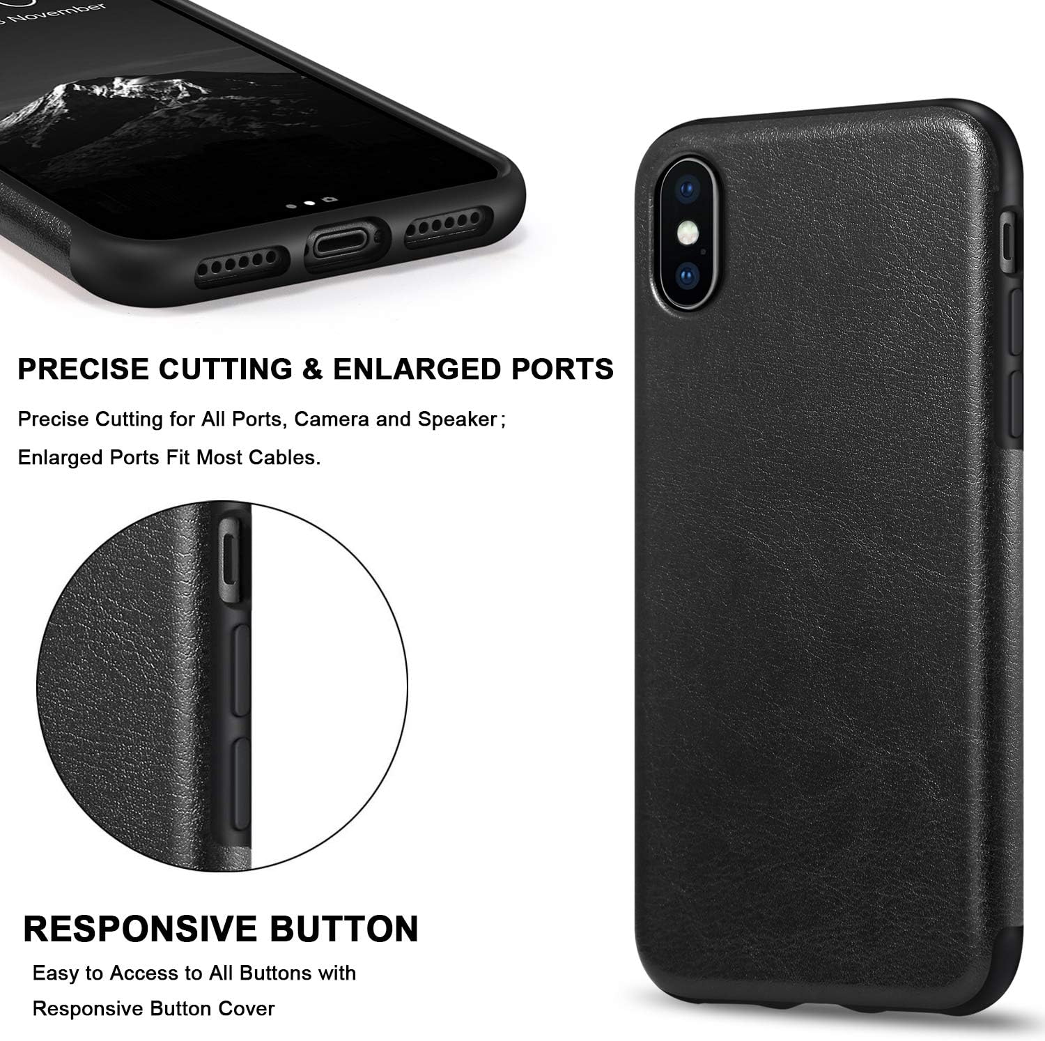 TENDLIN Compatible with iPhone Xs Case/iPhone X Case Premium Leather Outside and Flexible TPU Silicone Hybrid Slim Case (Black)