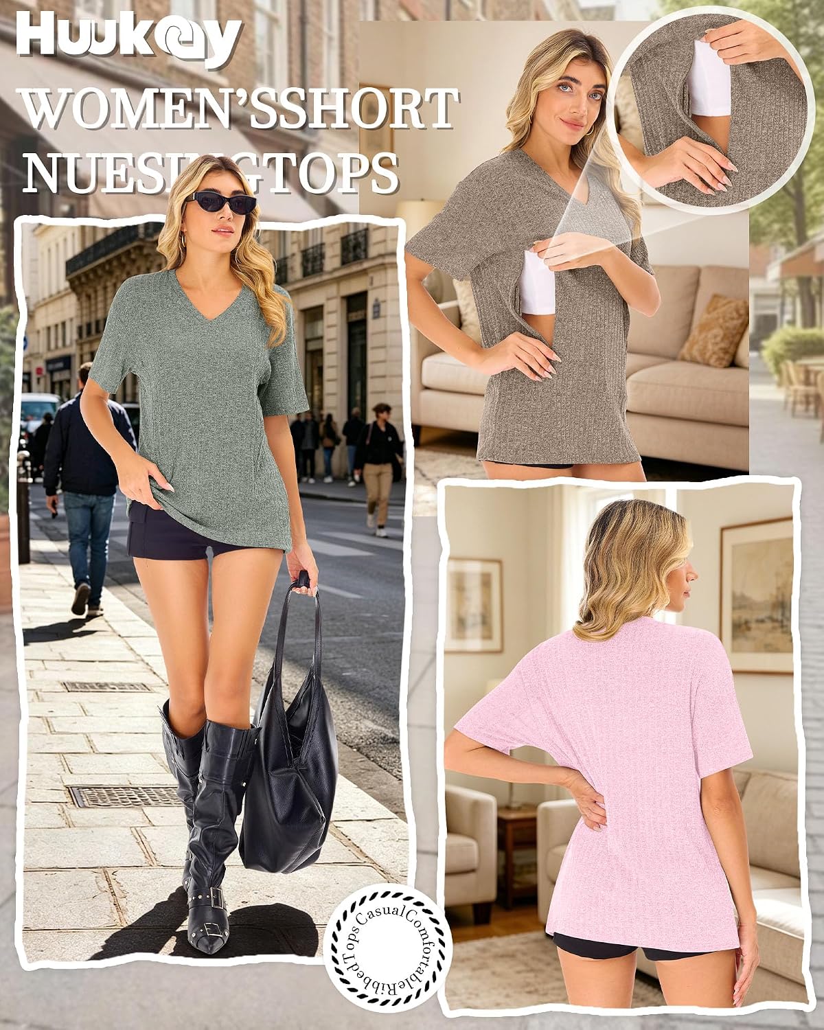 Huukeay 3 Pack Women's Nursing T Shirts for Breastfeeding Oversized V Neck Ribbed Knit Maternity Tops with Hidden Zipper