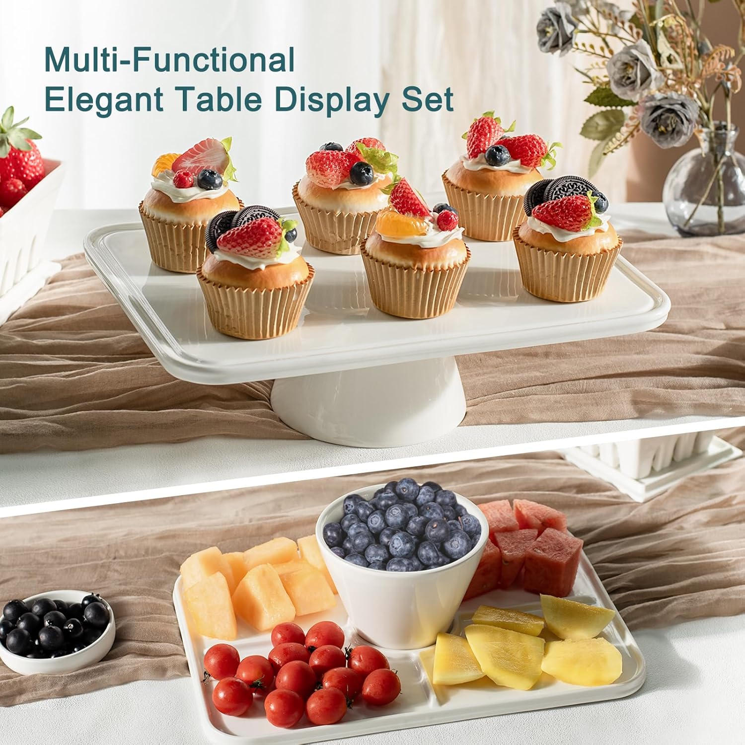 13" x 9" Rectangular Ceramic Cake Stand with Lid - 2-in-1 Serving Platter for Dessert Table, Elegant White Pedestal Display for Wedding Birthday Baby Shower Party, Microwave Dishwasher Safe