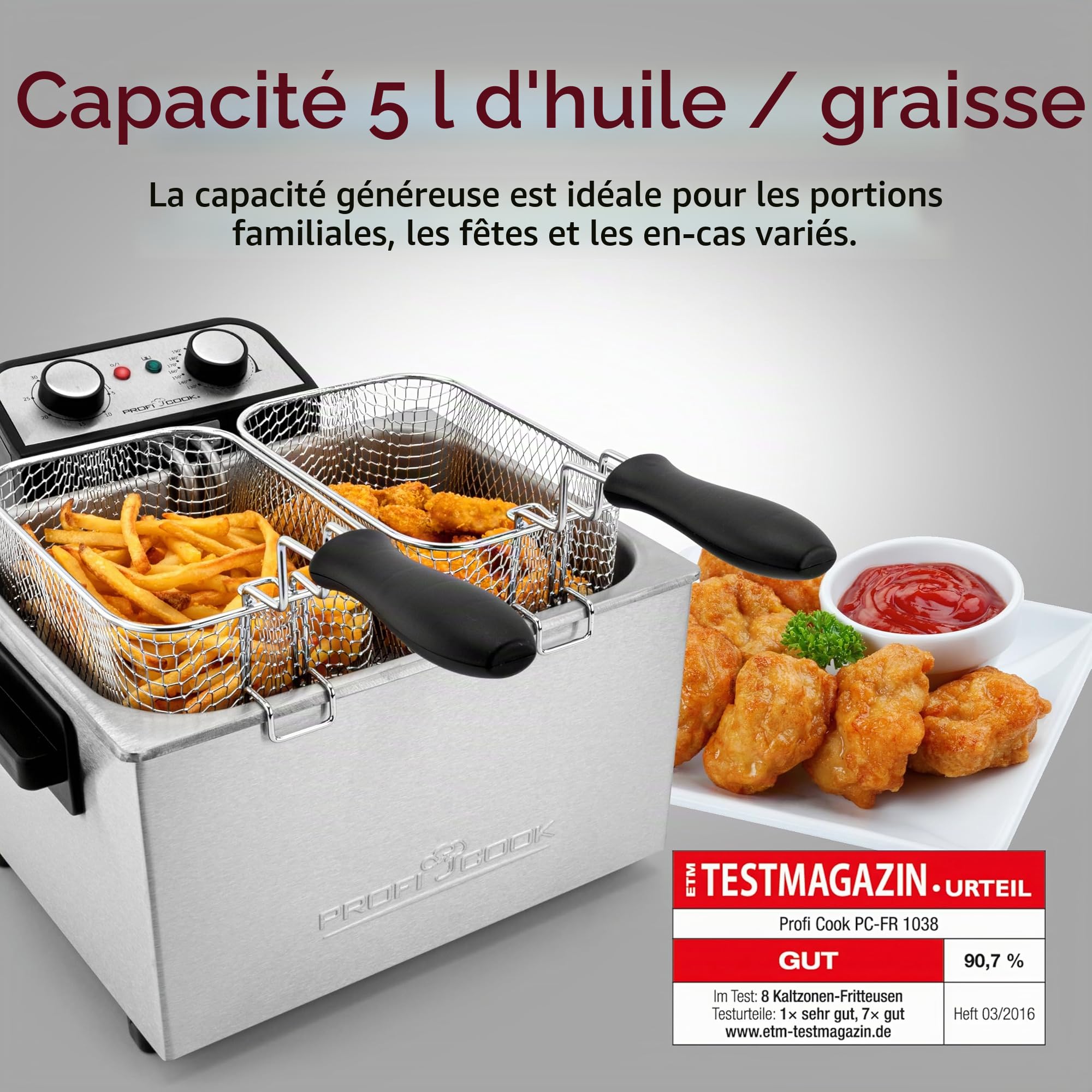 ProfiCook PC-FR 1038 Friteuse double, 2 petits & 1 grand paniers à friture, capacité 5 litres, filtre permanent contre les odeurs et les graisses, 3000 watts, boîtier en inox
