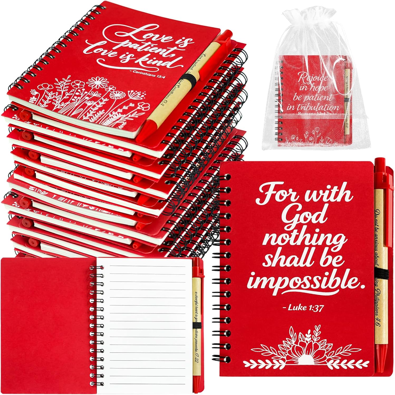 180 Pcs/60 Set Christian Gifts Bulk Prayer Journal Spiral Red Notebooks, Inspirational Notepad with Bible Verse Pen & Organza Bags, Perfect Religious Gifts for Women, Bible Study Groups, Church Members & Devotions