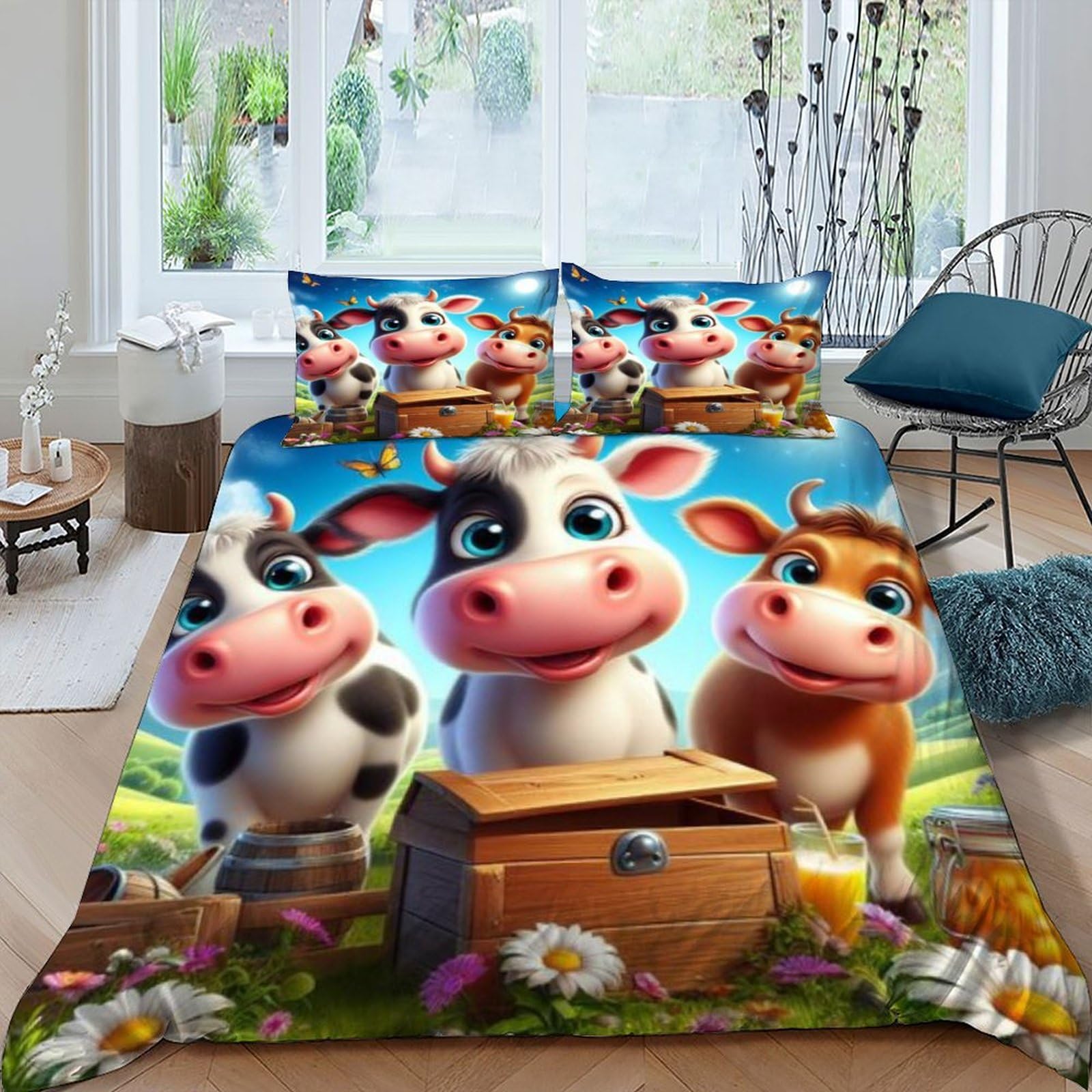 Housse de couette vache 220x240 cm parure de lit microfibre avec taies d'oreiller