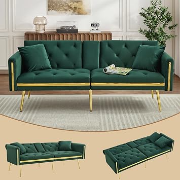 ModernLuxe Sofa Bed with Adjustable Backrest, Gold Accents & Built-in Cup Holders, Convertible 2 Seater Sofa, Comfortable Space-Saving Daybed for Living Room or Bedroom, Velvet, Green