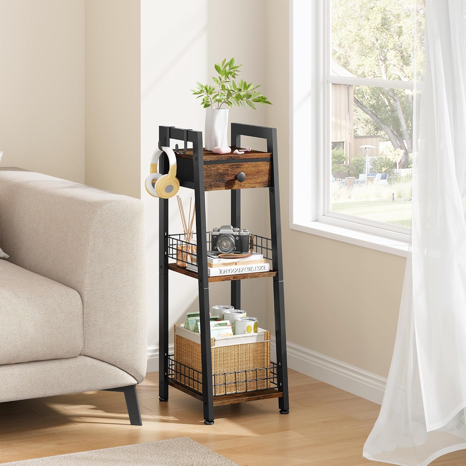 3-Tier Bathroom Ladder Shelf with Drawer, Bathroom Floor Storage Shelf