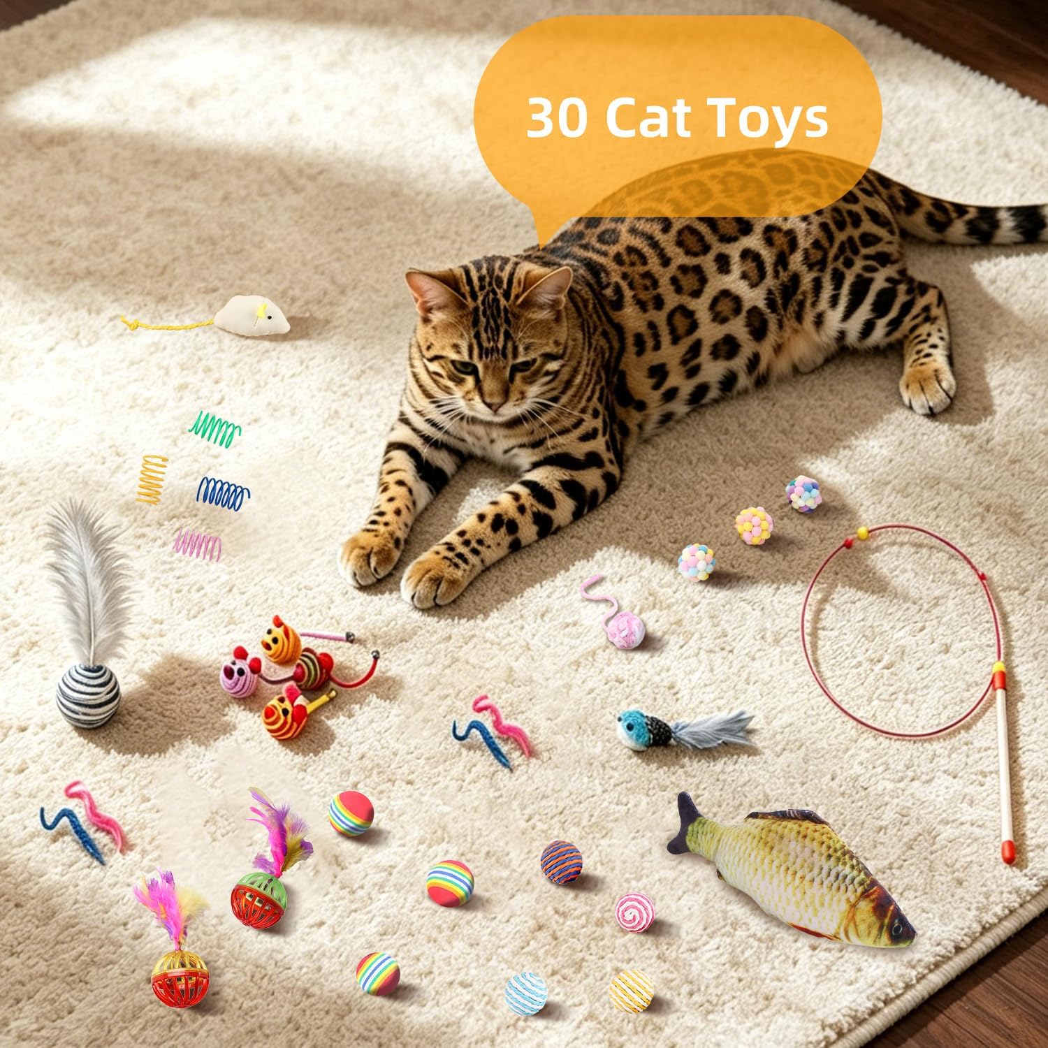 Cat Tunnel Bed with 30 Pcs Interactive Cat Toys, Cat Tube with Kitten Toys for Indoor Kittens, Collapsible Play Tunnel, White