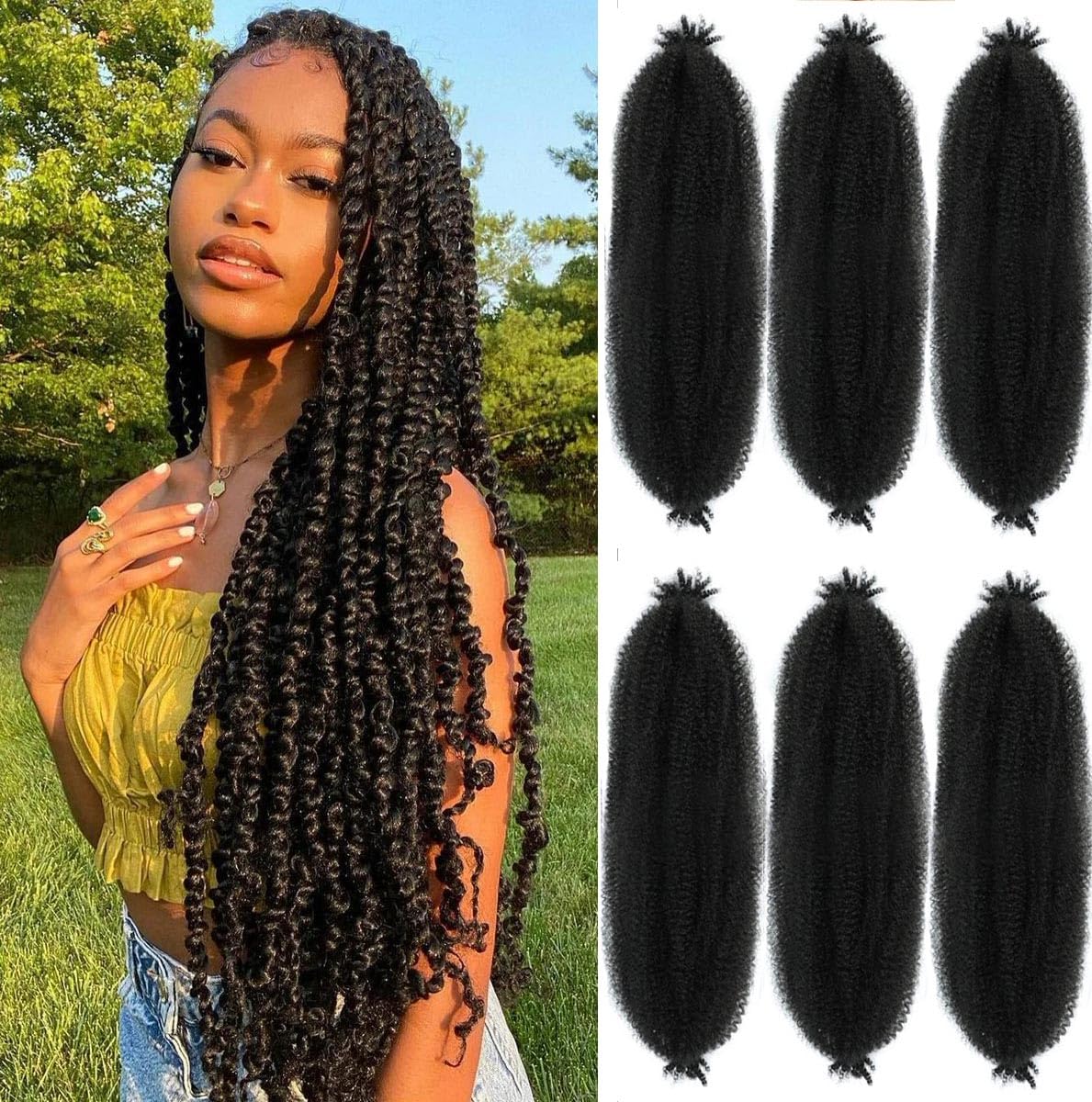 Springy Twist Hair 30Inch 6Packs Afro Twist Hair Pre Fluffed Marley Twist Braiding Hair (1B#, 30 Inch)