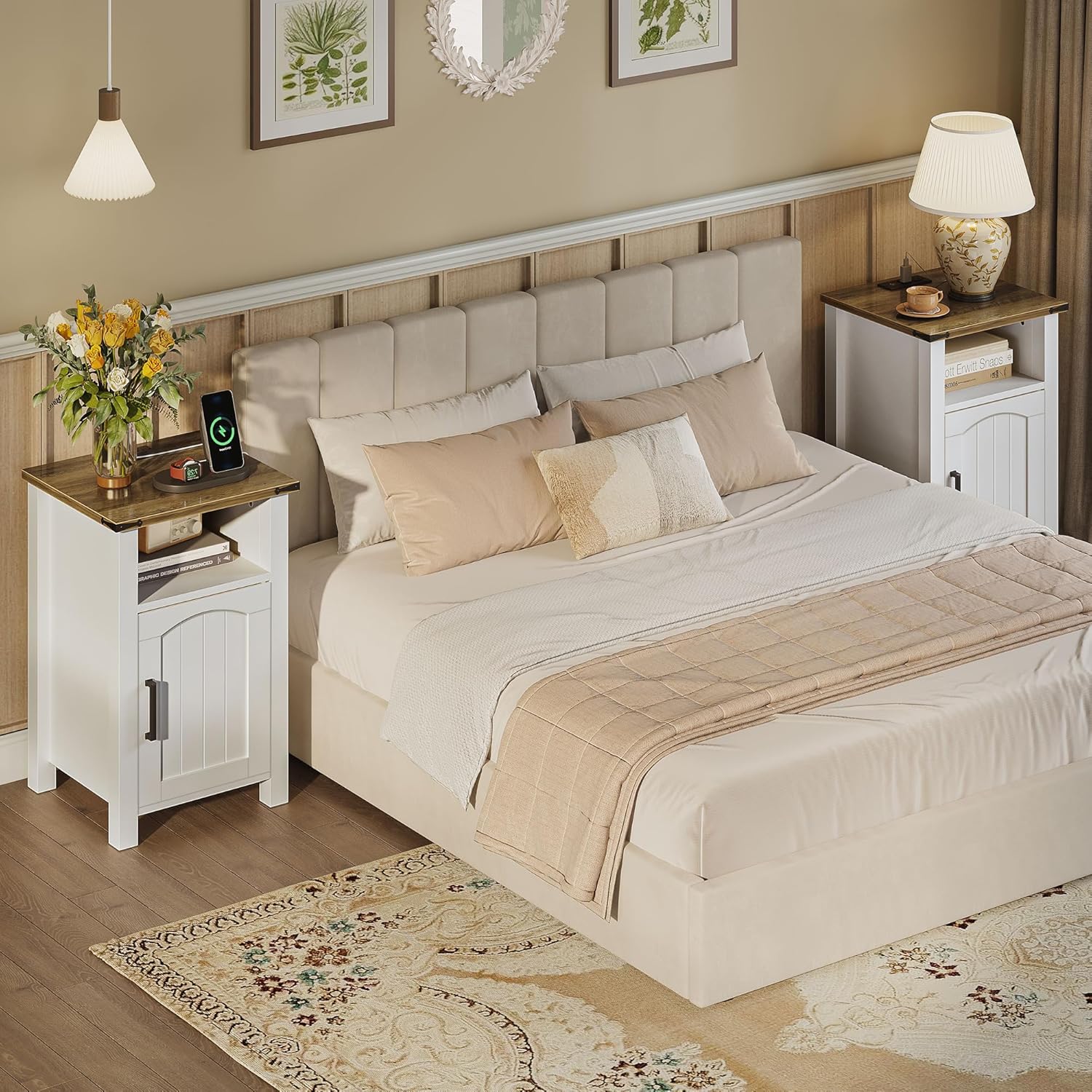 Farmhouse Nightstand with Charging Station, Set of 2 End Table with USB/Type-C Ports and Power Outlets, Rustic Bedside Table with Large Storage and Open Shelf, Modern Side Table for Bedroom, White