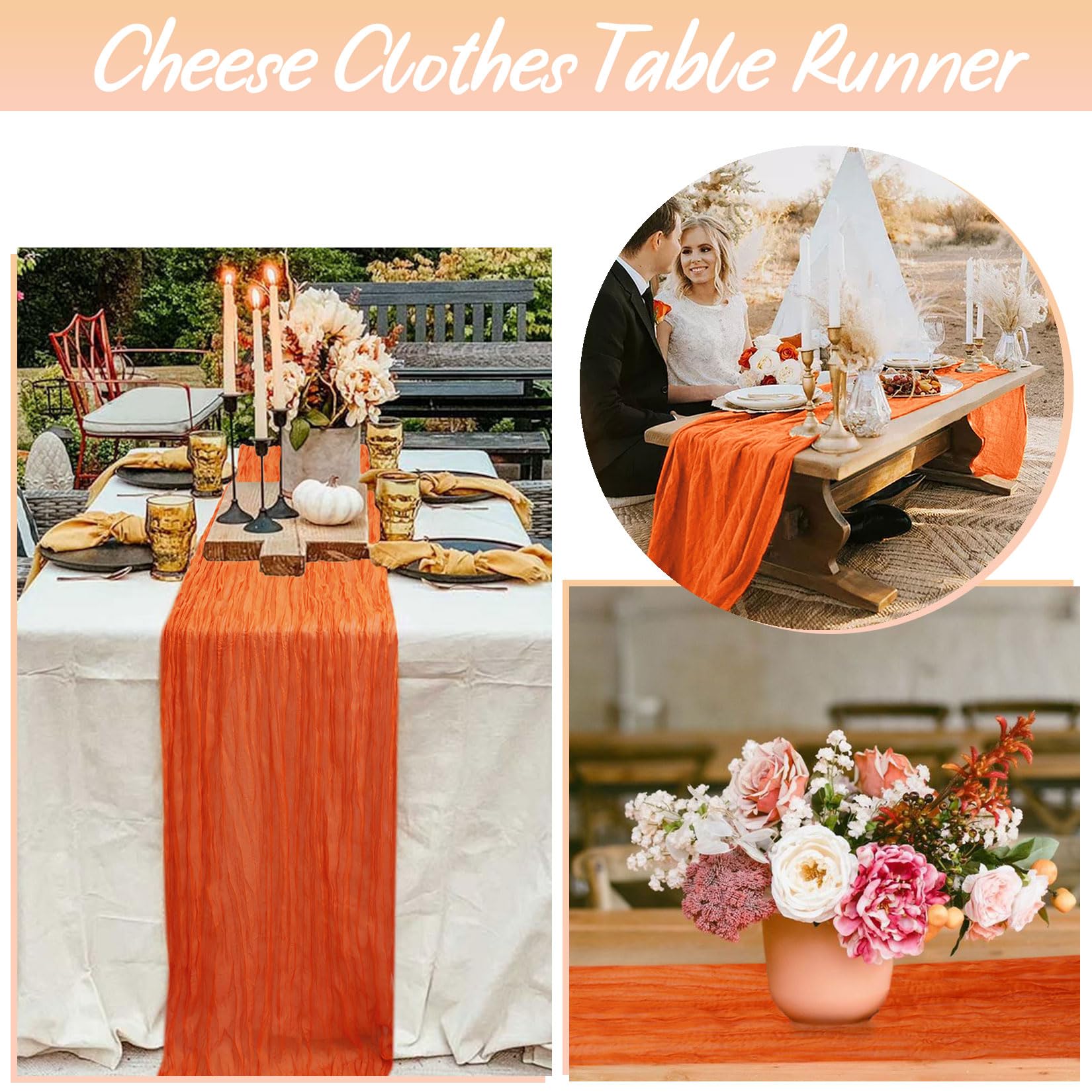 FANPROMS Paquete de 6 caminos de mesa de gasa de color naranja de 10 pies de largo, estilo bohemio, para mesas de café y pasteles, camino de mesa de 304 cm de largo, color naranja quemado para
