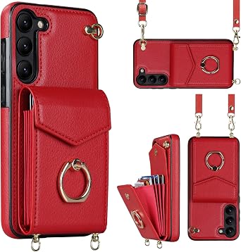 for Samsung Galaxy S24 Case 5G 6.2 inches, Minimalist Wallet Case with Ring Kickstand and Shoulder Strap, Shockproof Stylish Protective Cover for Galaxy S24 -Red