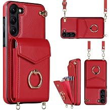 for Samsung Galaxy S23 Case 5G 6.1 inch, Minimalist Wallet Case with Ring Kickstand and Shoulder Strap, Shockproof Stylish Protective Cover for Galaxy S23 -Red