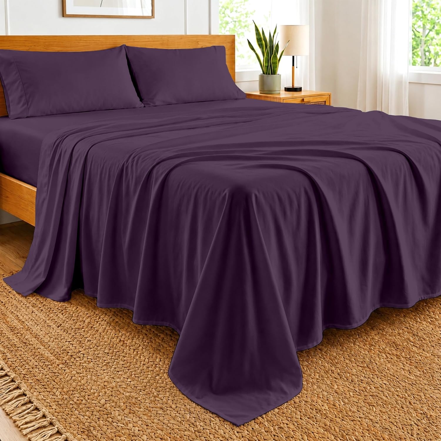 Kotton Culture Bed Sheets 4 Piece 100% Egyptian Cotton 600 Thread Count Soft Crisp Cooling Cotton Luxury Hotel Sheets Thick with 16" Inch Deep Pocket Snug Fit Sateen Weave(Plum,Queen)