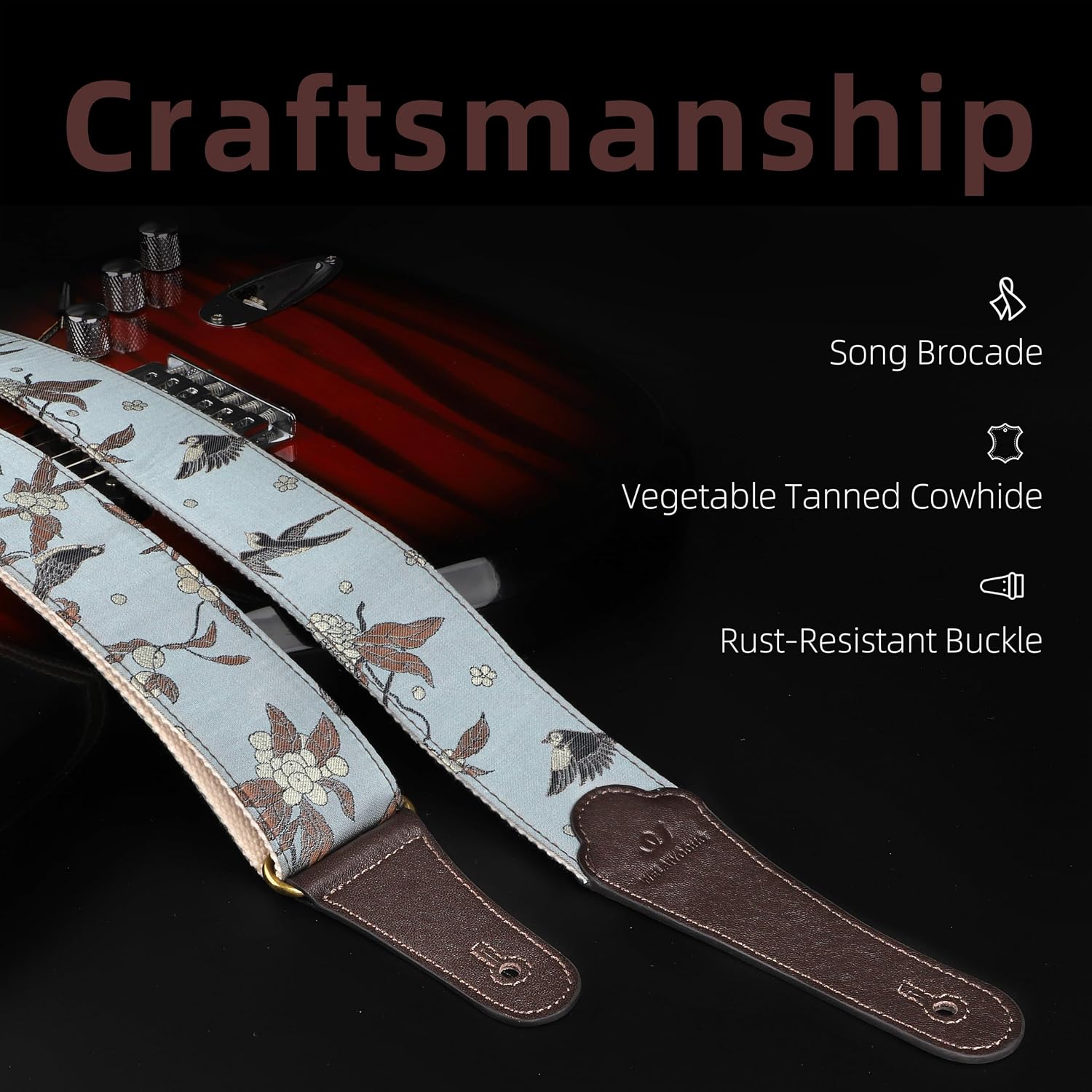 Guitar Strap, Electric& Acoustic Bass Guitar Straps,Embroidered Filament with Head Cowhide Leather Strap, with Free Strap Button,2 Guitar Strap Locks，4Guitar Pick (Birds and Flowers)