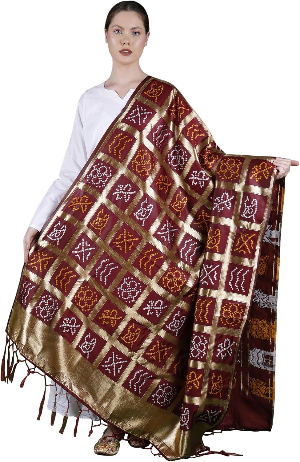 Exotic India Tropical-Green Bandhani Gharchola Dupatta from Gujarat with Zari Woven Checks