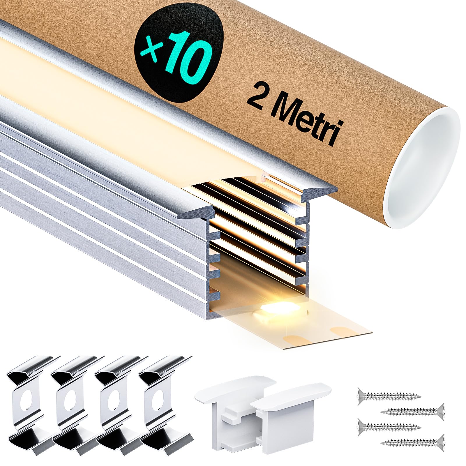 Profil LED 10 × 2 m (20 m), profil aluminiowy LED w kształcie litery U z osłoną, zaślepkami i klipsami montażowymi do taśm LED, dł. 2000 x 22 x 14,27 mm