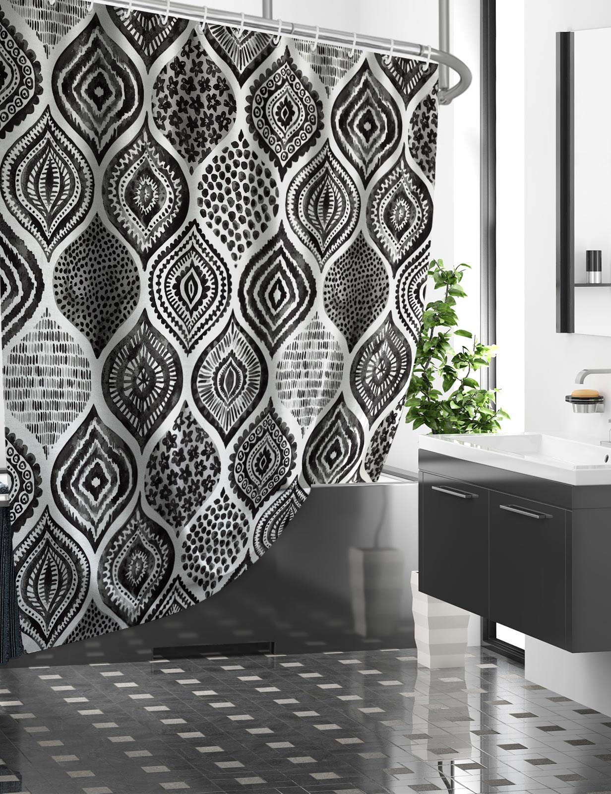 Cirzone Fabric Shower Curtain,Geometric Shower Curtain,Black and White