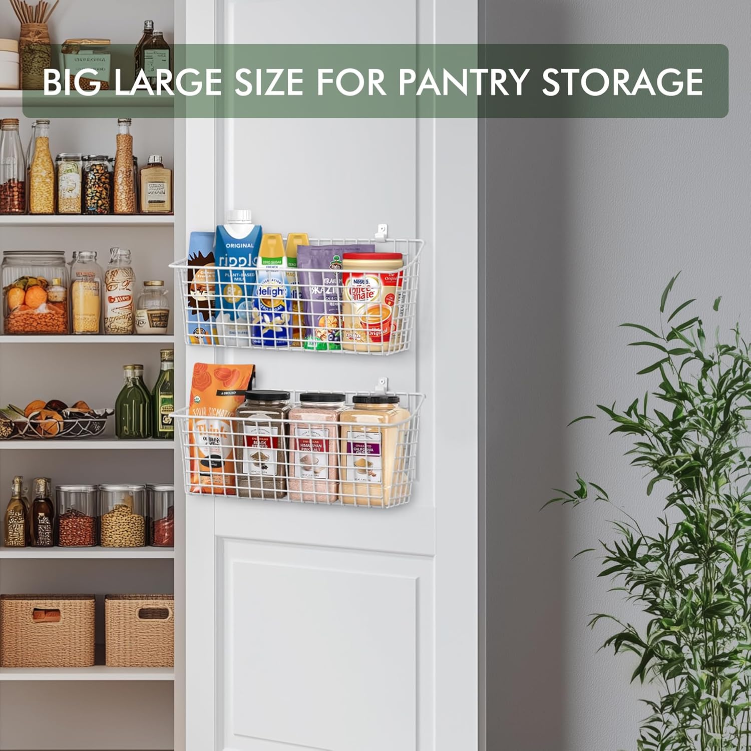 Large Wall Hanging Baskets - 2 Set Rustproof Rubber Coating Wall Shelving Organizers - Metal Wire Basket Storage No Drill Adhesive Wall Mount for Shower Kitchen Laundry Pantry Cabinet RV (White)