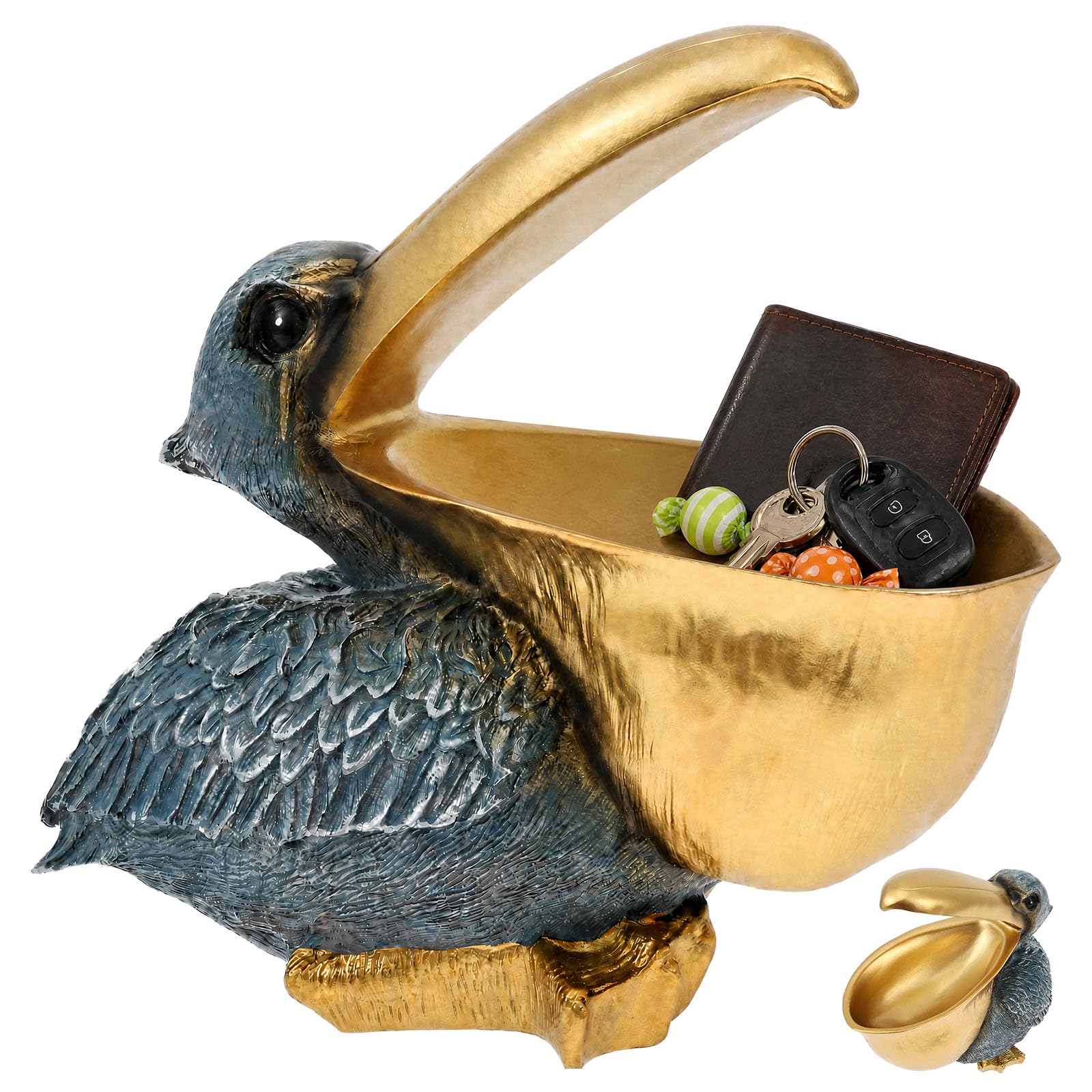 Pelican Key Holder Bowl for Entryway Table Creative Resin Big Mouth Bird Statue Candy Dish Quirky Animal Sculpture Trinket Tray Catchall Valet Bowl for Keys Wallet Phone Home Office Decor(Golden)