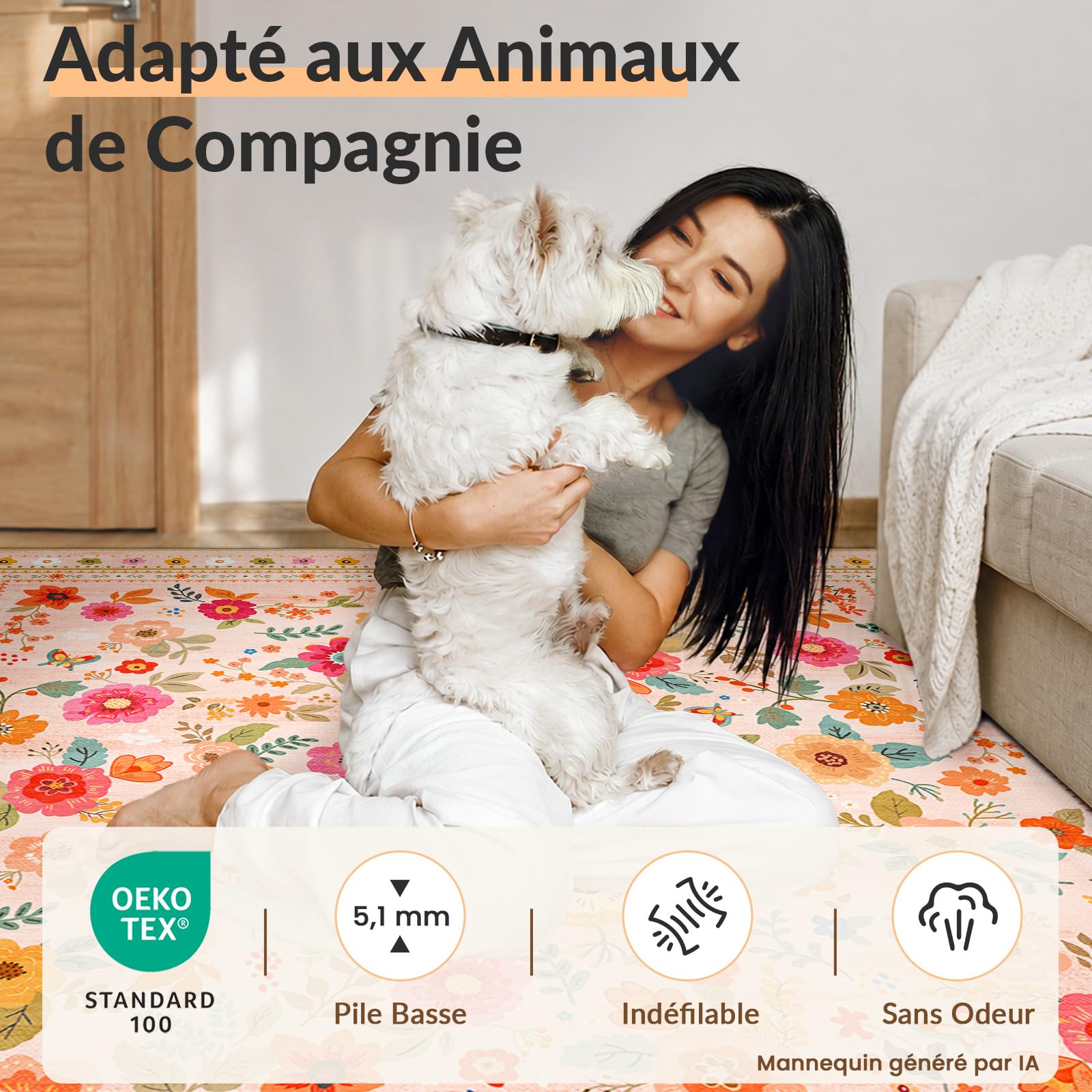 INOVADAY Tapis Lavable 120x180 cm, Style Bohème, Poils Courts, Antidérapant, Imprimé Floral, pour Salon, Chambre à Coucher, Salle à Manger, Bureau,t, Rose/Beige