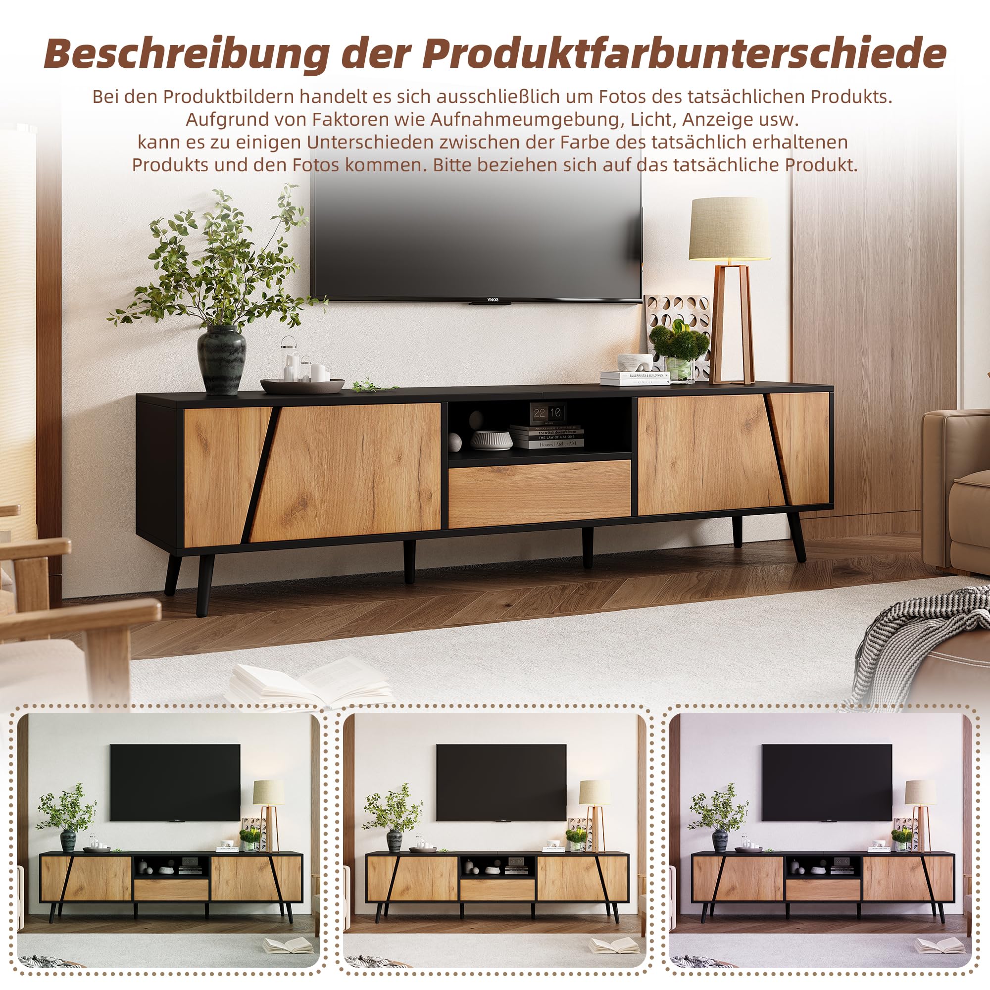 BTM 180 cm Lowboard Lowboard Board, TV-Schrank mit Schubladen und 2 Schränken, Moderne minimalistische Konsole mit 6 Stützbeinen aus Massivholz, Passend für 75-Zoll-Wohnzimmerschränke