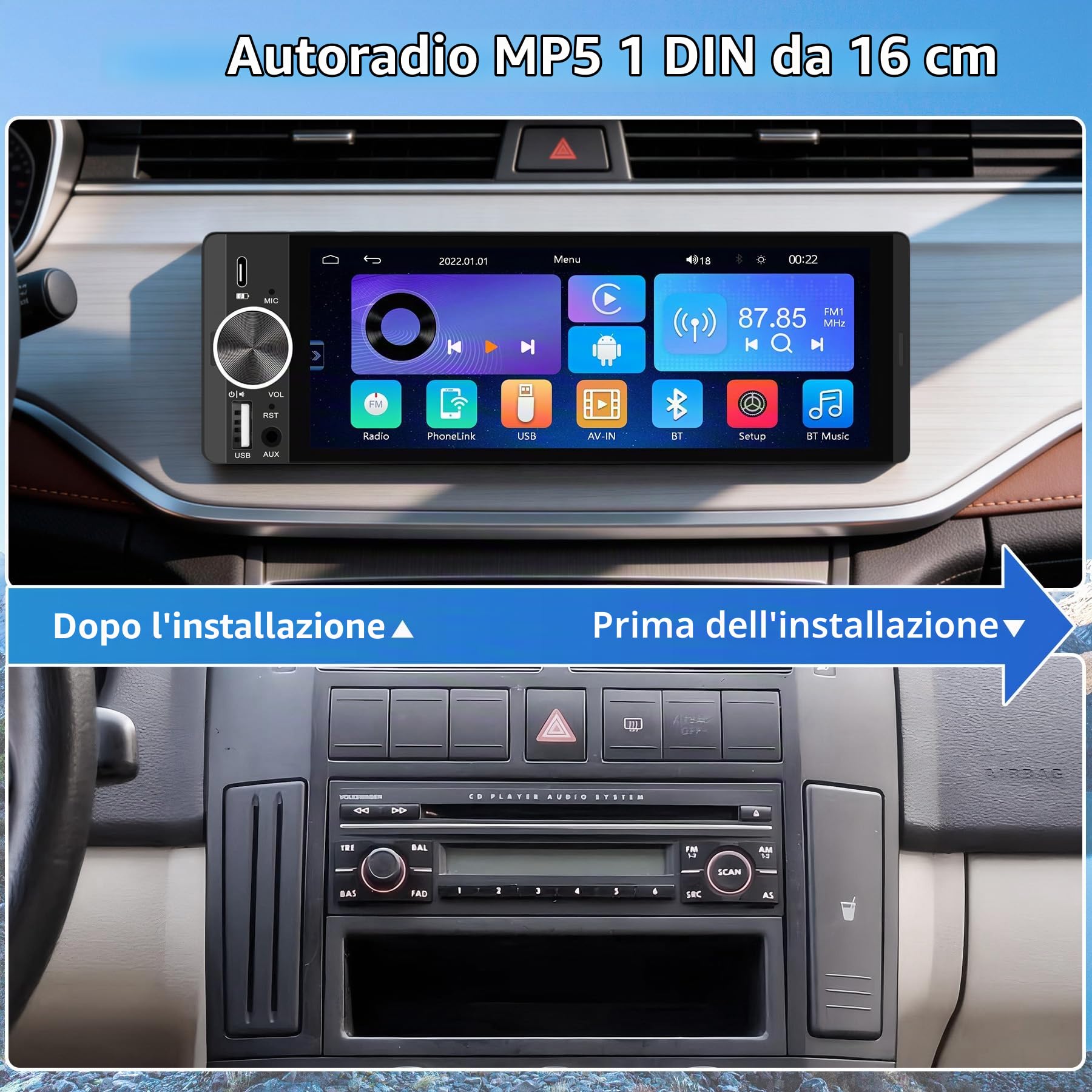 Autoradio 1-DIN con Touchscreen da 6,28", CarPlay e Android Auto Wireless