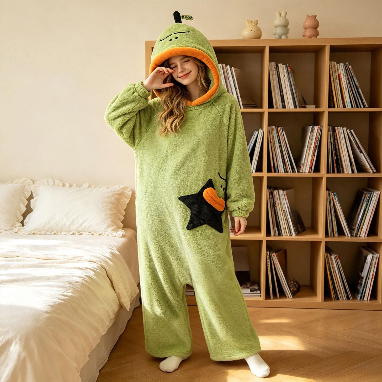 Genérico Pijama Mono de Monstruo Verde para Mujer Hombre, Sudadera con Capucha de Franela, Pijama de Cuerpo Entero Acogedor con Bolsillos, Disfraz Cálido Unisex para Hogar, Halloween y Carnaval