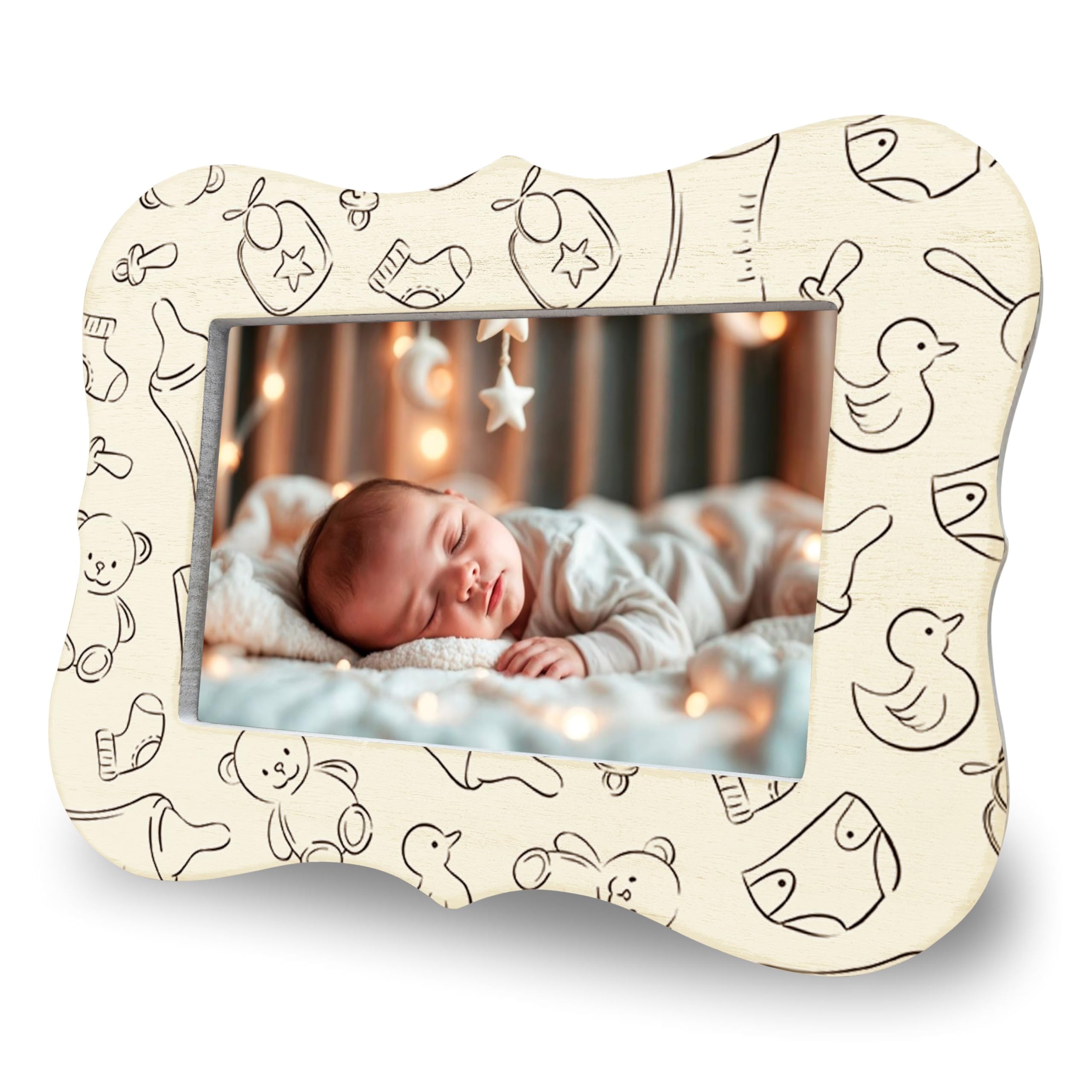 Psbrn Thick Wood Grain Baby Photo Frame, Beige Photo Frame with Back Stand, Holds 4X6 Inch Photos, Gifts for New Moms, Duck & Bear pattern Baby Frame