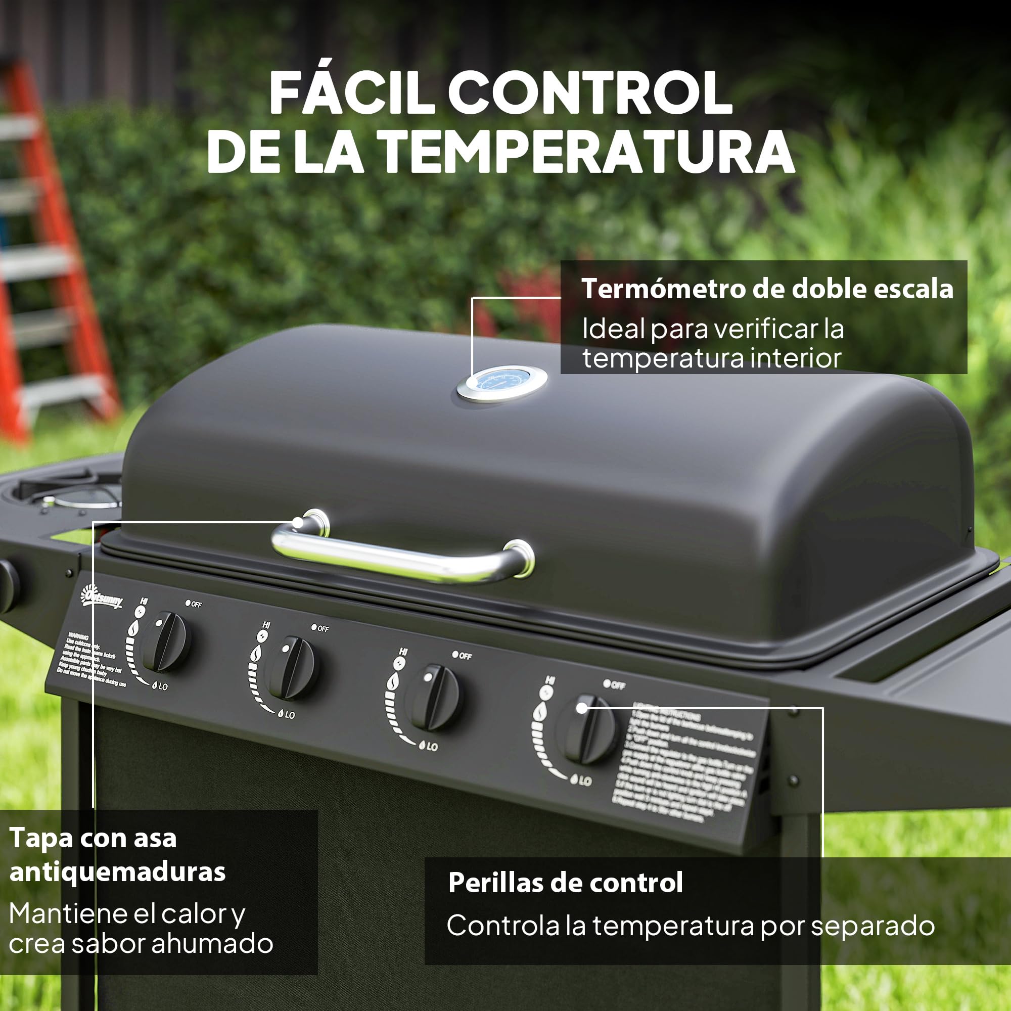 Outsunny Barbacoa de Gas BBQ Gas con 4+1 Quemadores 12 kW Barbacoa Portátil con Estante Especiero Termómetro Mesa Lateral 2 Ruedas Parrilla Recogedor de Grasa para Exterior Jardín Camping Negro