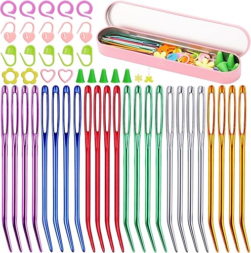 Kit de 50 agujas de tapiz dobladas, 24 agujas de hilo romo, 6 colores grandes para coser, con agujas romas, caja de almacenamiento para tapiz, tejido