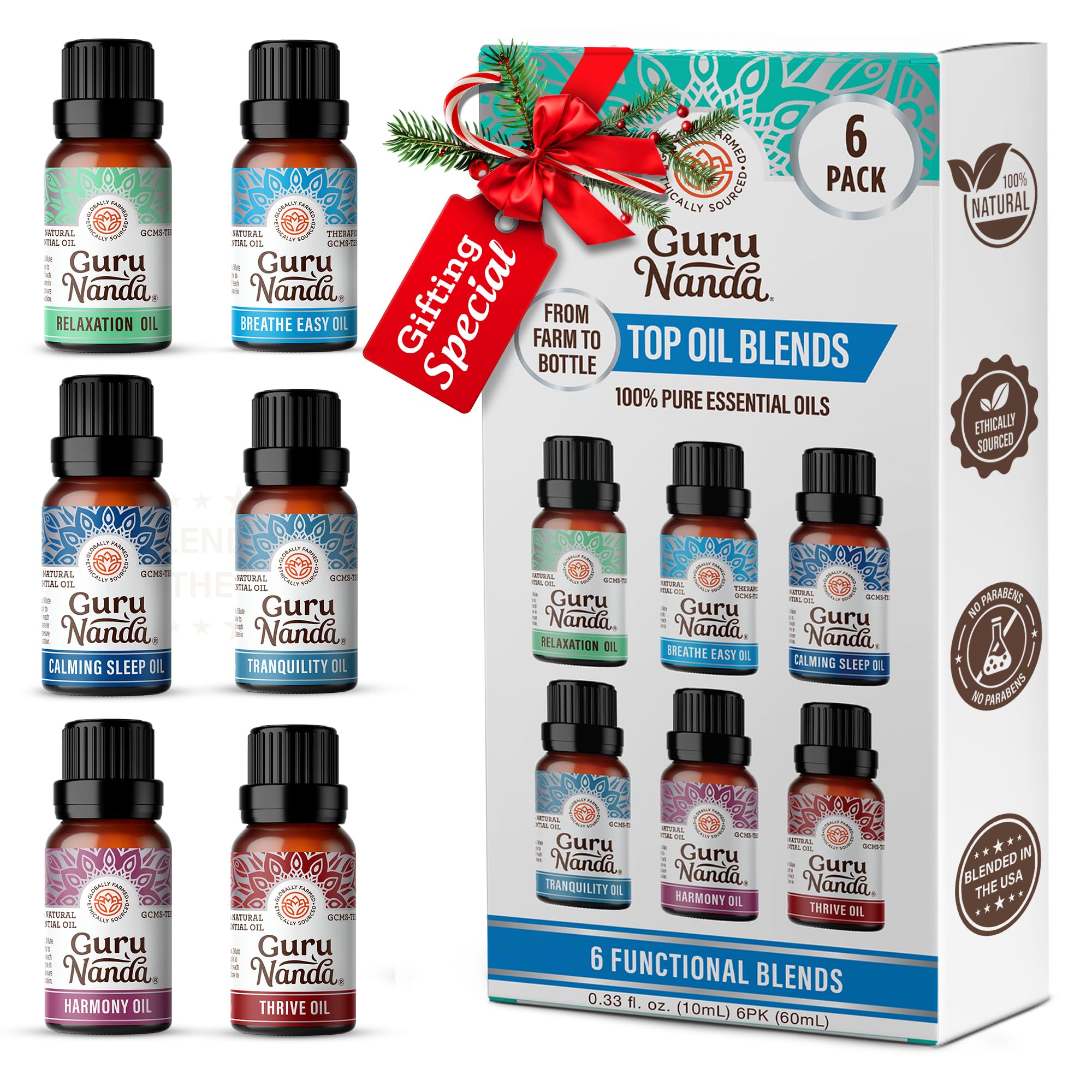 GuruNanda Top 6 Blends Essential Oils Set - 100% Pure and Natural Therapeutic Grade Oil for Aromatherapy Diffuser - Includes Tranquility - Breathe Easy - Thrive- Relaxation - Harmony - Calming Sleep
