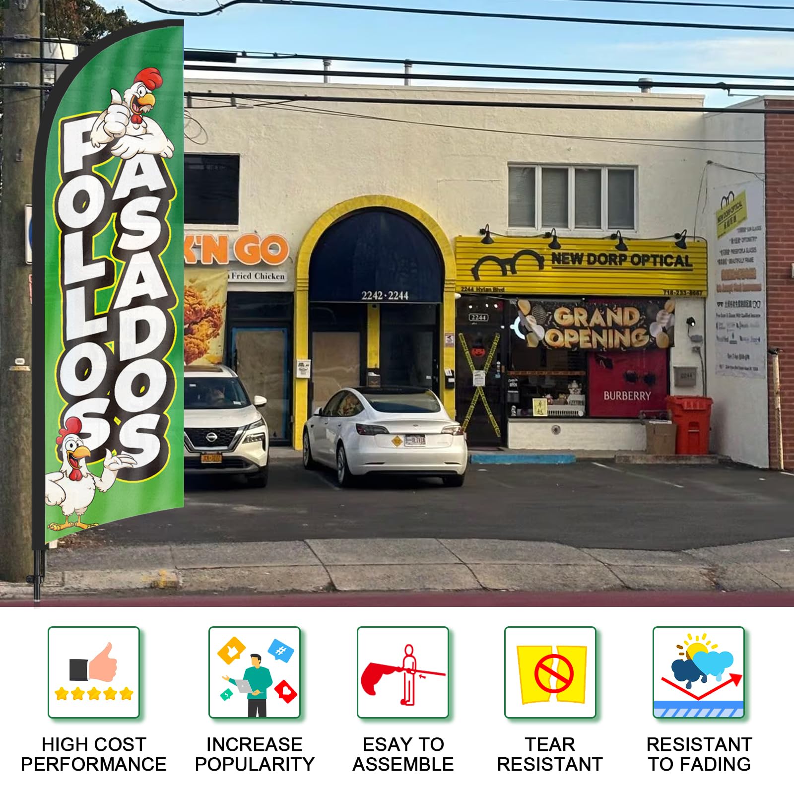 Pollos Asados - Bandera de plumas de 8 pies, bandera publicitaria de Pollos Asados con kit de poste, estaca de tierra, carteles de Pollos Asados para empresas y escaparates