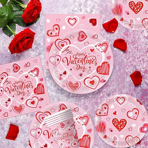 Miniatura 7 de Oigco Suministros para fiesta del día de San Valentín, platos de papel desechables, servilletas, tazas, tenedores para el día de San Valentín,