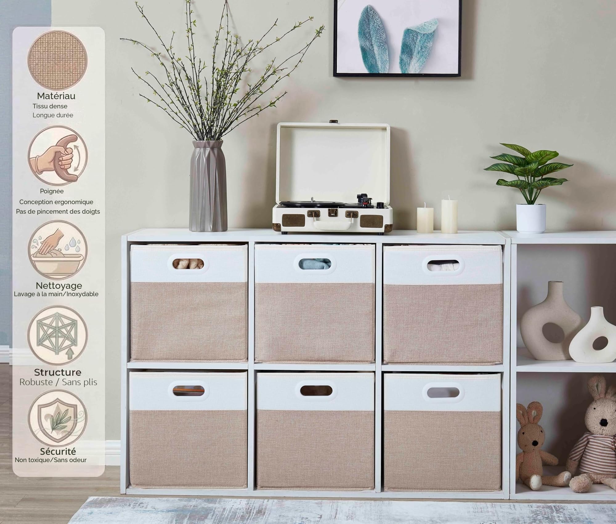 Mangata Cube de Rangement en Tissu Pliable 25 x 25 x 25 cm, Blanc Kaki Clair, 4 Pièces