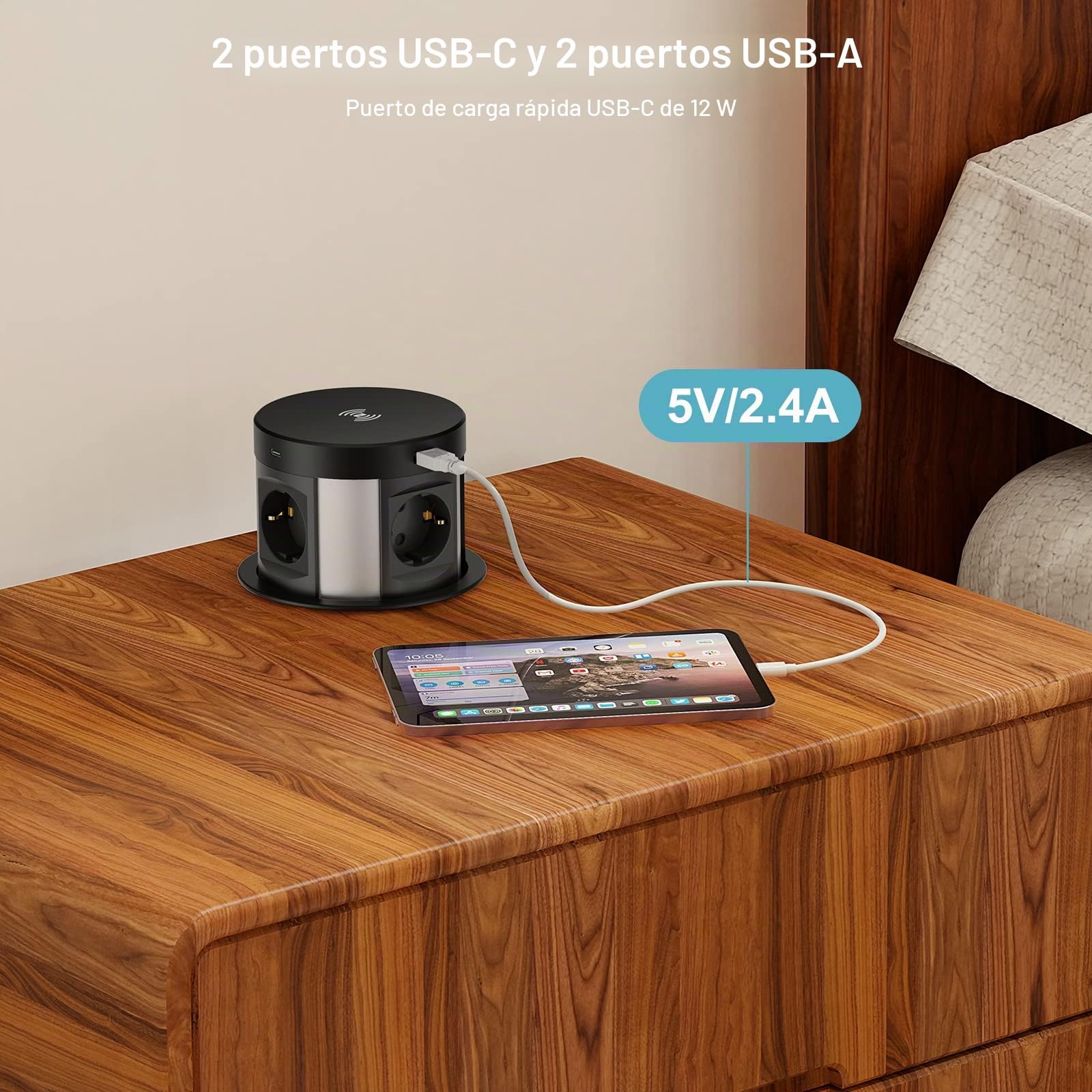 Enchufe Empotrable Mesa USB C 4 Enchufes, Regleta Enchufes con 4 USB Empotrable Retráctil, Regleta de Mesa con Cargador Inalámbrico, 3680W/16A, 1,7m Cables, Negro