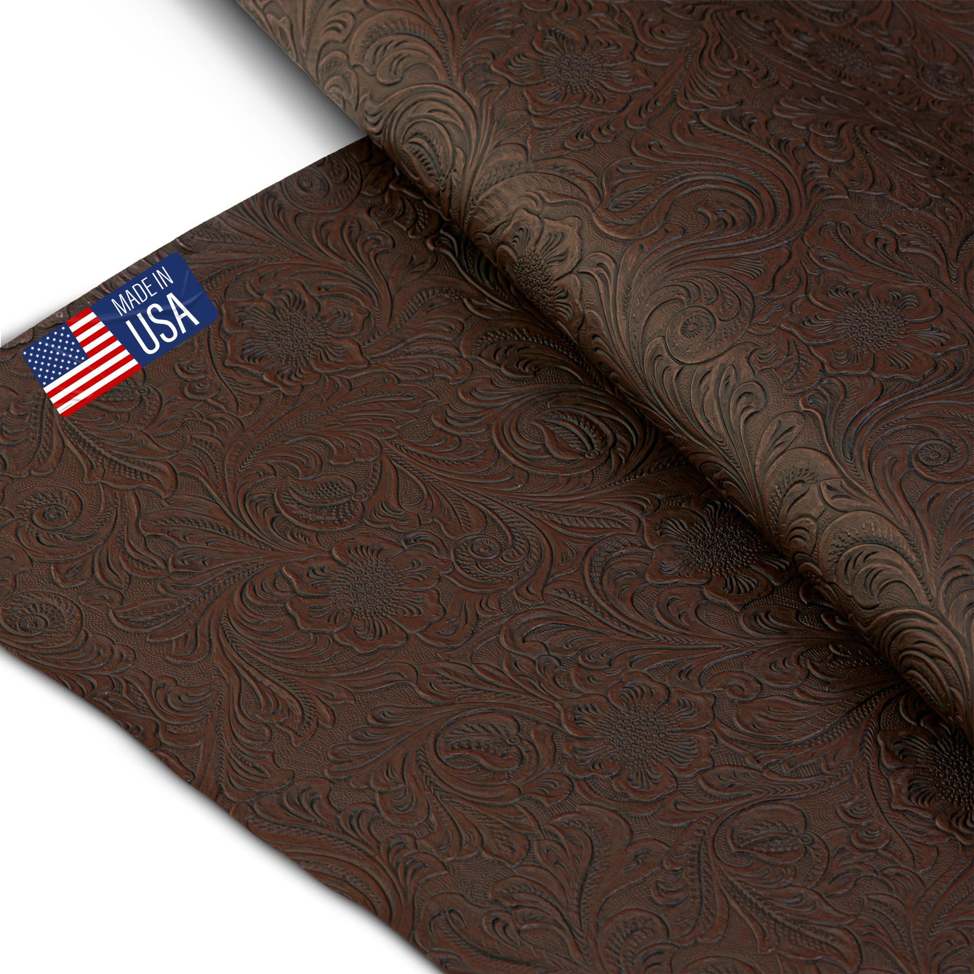 Tooled Faux Leather Western Cowboy, Floral Embossed Vinyl, Craft DIY and Upholstery Textured PU Pleather Fabric - Individual 1 Yard Cut 36"x54" (Chocolate)