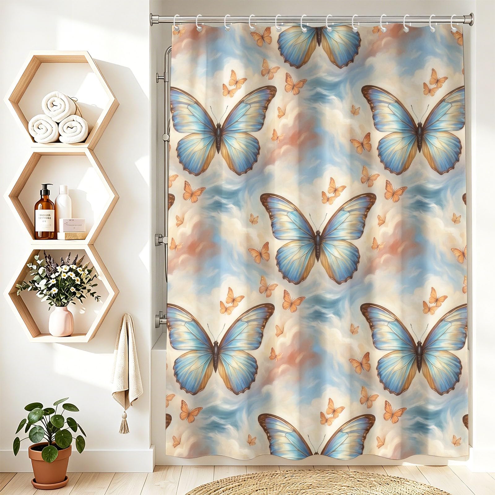 Dreamy Butterflies Tenda da doccia 120 x 200 cm, tenda da bagno in microfibra, impermeabile, per adulti e bambini, colore: azzurro