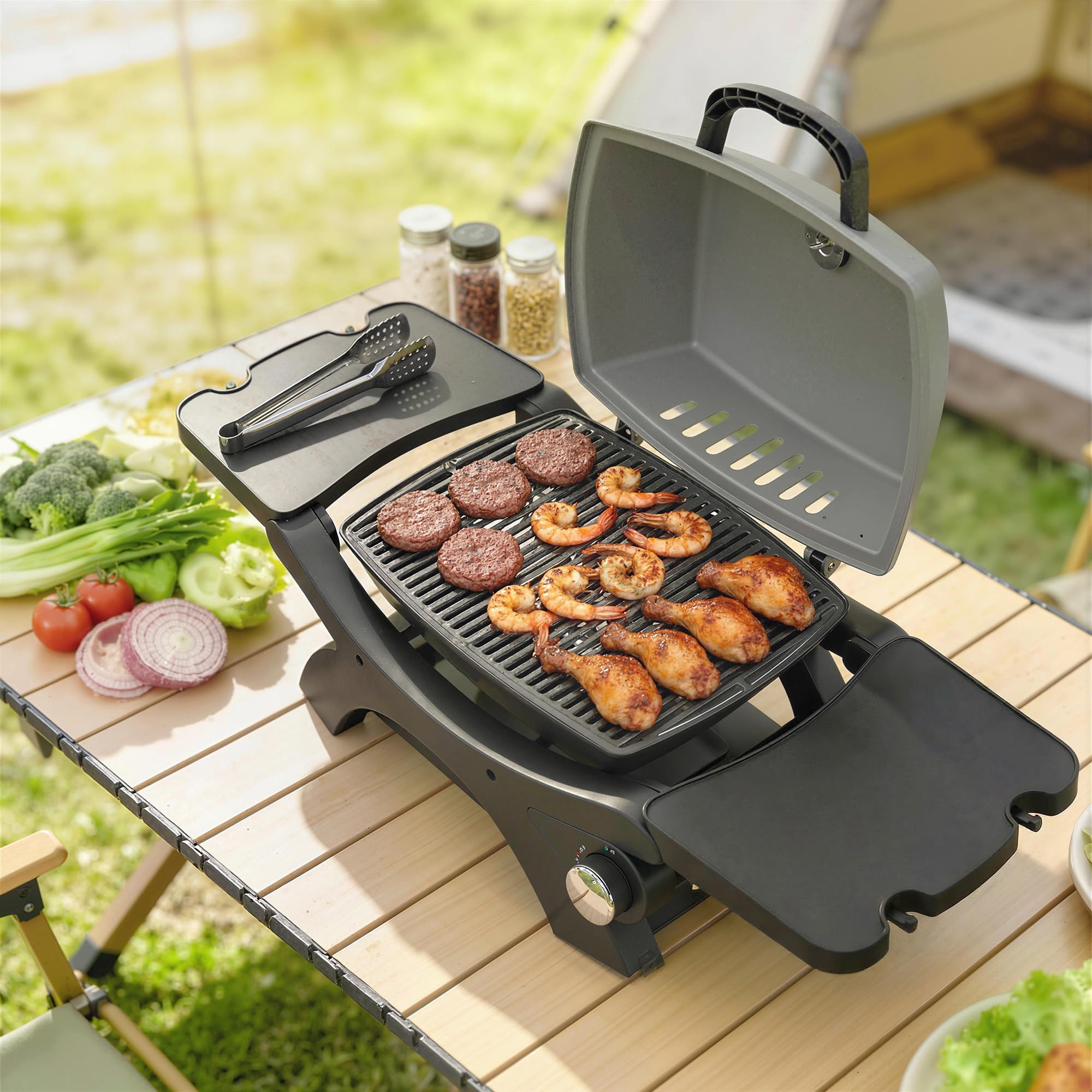 Outsunny Barbecue à gaz portable de 3,3 kW avec 1 brûleur, tables latérales pliables en fonte, grilles de cuisson en fonte, bac récupérateur de graisse, thermomètre, crochet, barbecue à gaz de table