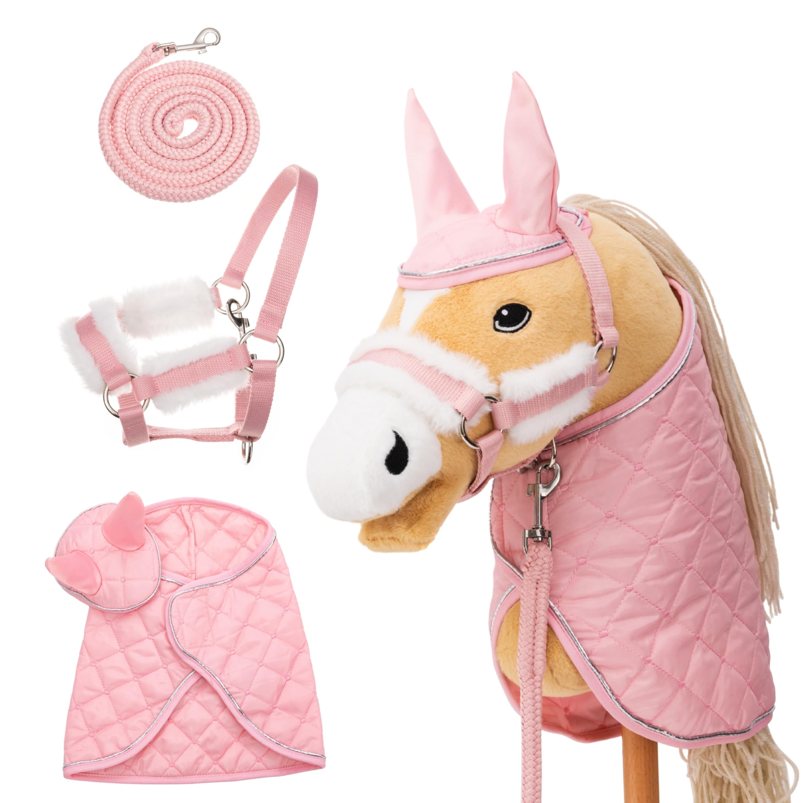 Hoofly Hobby Horse Accessory Set - Halter with Rope, Blanket and Fly Hood in Pink for Hobby Horse [TÜV Certified] - Ideal for Games, Training and Small Tournaments