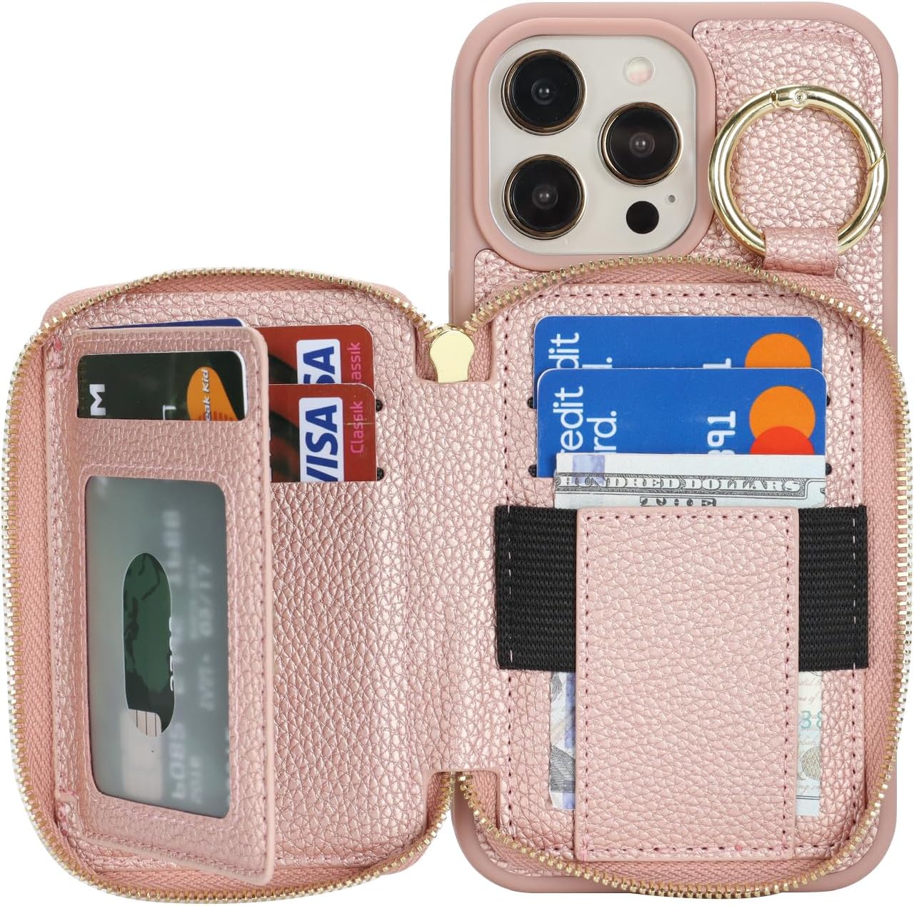 Compatible with iPhone 14 pro max Wallet Case with Card Holder,for iPhone 14 pro max Phone case Wallet with Zipper with Slot Kickstand Stand Case for Women 5G 6.7 Inch-Rose Gold