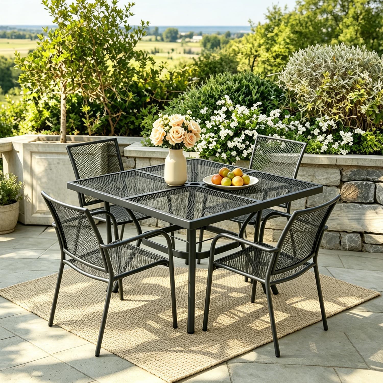 5 Piece Outdoor Dining Set, Patio Dining Table Set for 4, 37.5" Black Square Mesh Table with 4 All Weather Mesh Outdoor Dining Chairs for Lawn, Garden, Porch