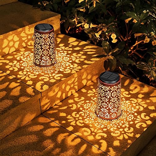 Faroles solares colgantes para exteriores, paquete de 2  Luces solares impermeables de metal para decoración al aire libre para lámparas de mesa de