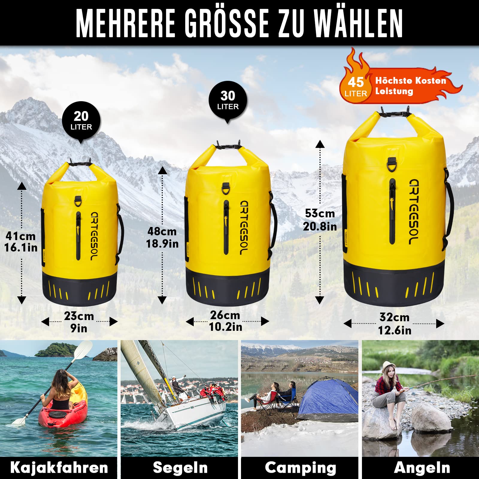Sac à dos étanche - 20 l, 30 l, 40 l, 45 l - Sac à dos étanche pour kayak, canoë, camping, trekking, randonnée, voile ou autres sports nautiques, jaune, 45L