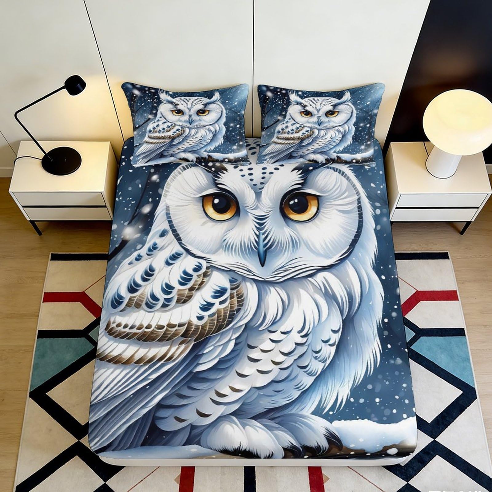 3D Printed Snowy Owl Fitted Sheet Microfiber Soft Breathable Winter Bird Mattress Cover for Bedroom Dormitory Guest Room Mattress Protection Decor 180x200x25cm