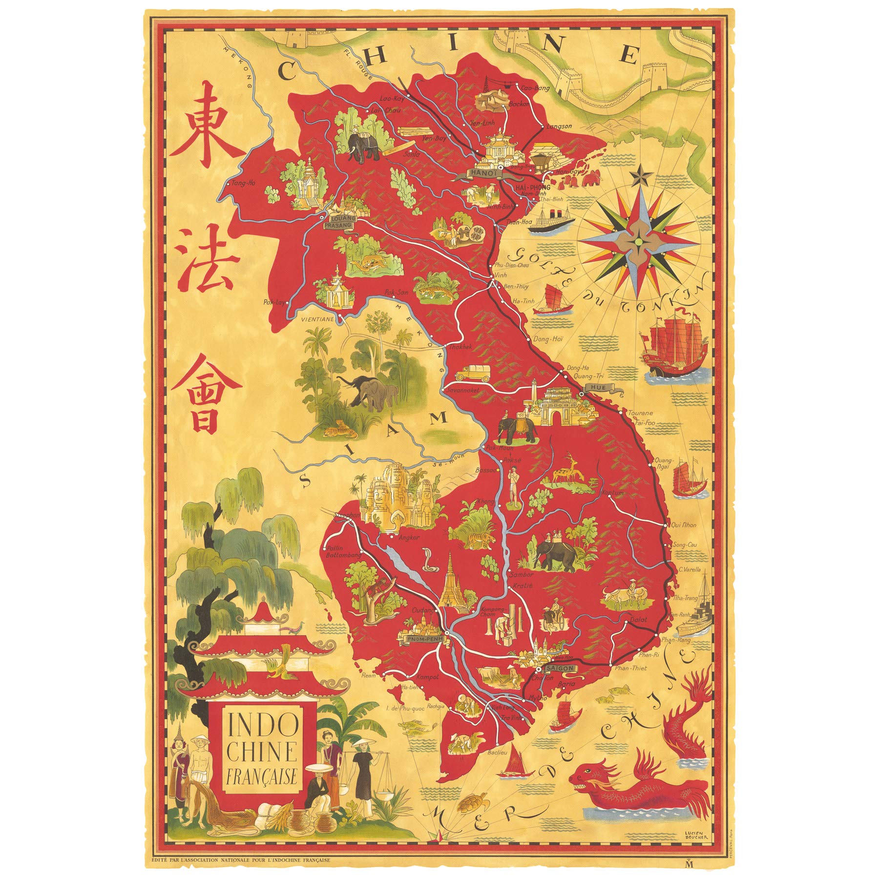 Artery8 Map Boucher 1945 French Indo-China Vietnam Pictorial Extra Large XL Wall Art Poster Print