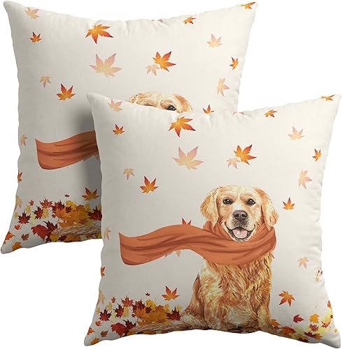 Golden Retriever - Funda de almohada de otoño con diseño de hojas de arce para perro, diseño de casa de campo, diseño moderno de Acción de Gracias,