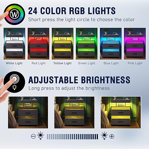 Miniatura 4 de OUTDOOR DOIT Mesita de noche con estación de carga inalámbrica y luces LED, mesitas de noche modernas, mesita de noche con 2 cajones transparentes y