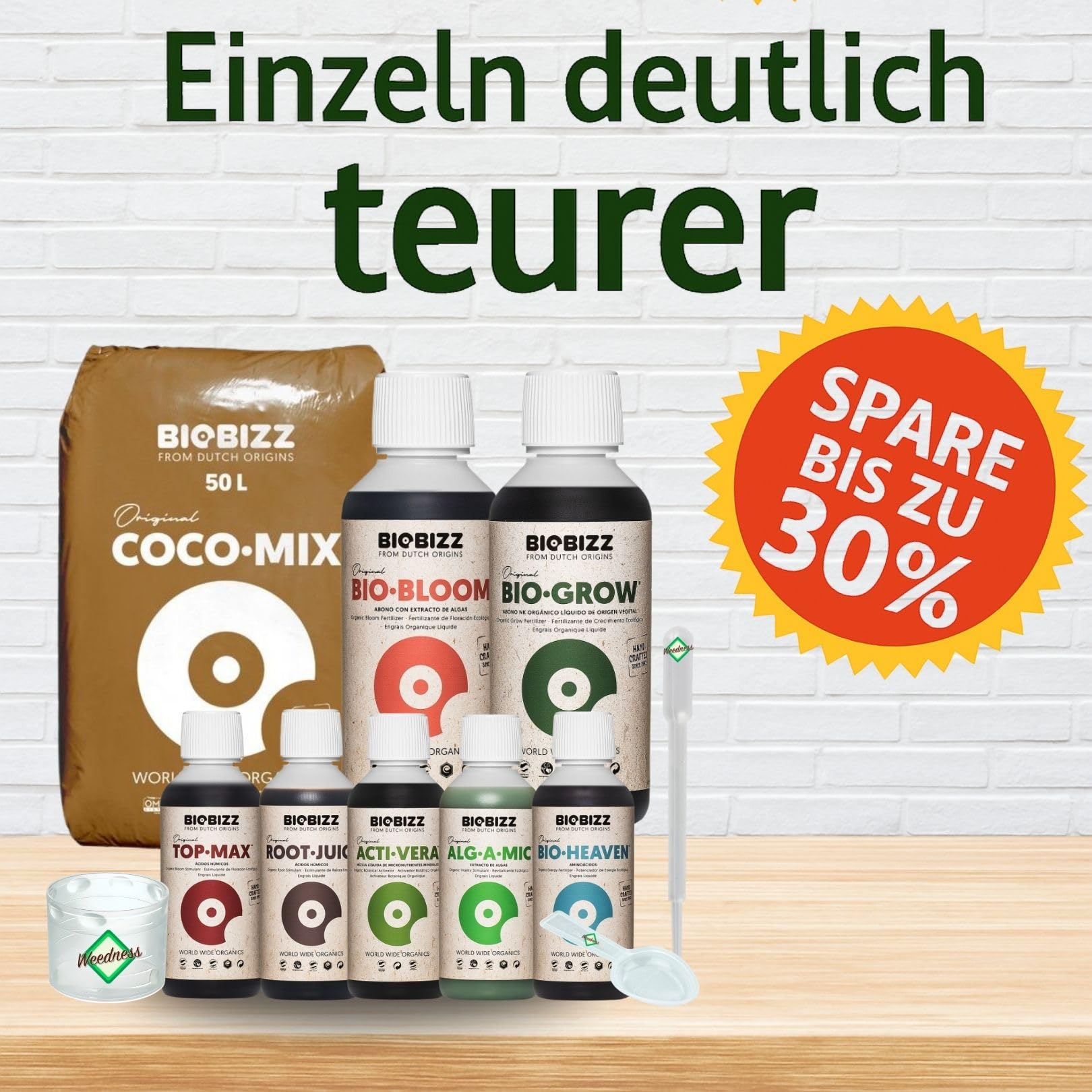 Weedness BioBizz Coco Mix 50 Liter + Dünger Set Big - Kokoserde gepresst Blumenerde Substrat Kokos Anzuchterde Grow